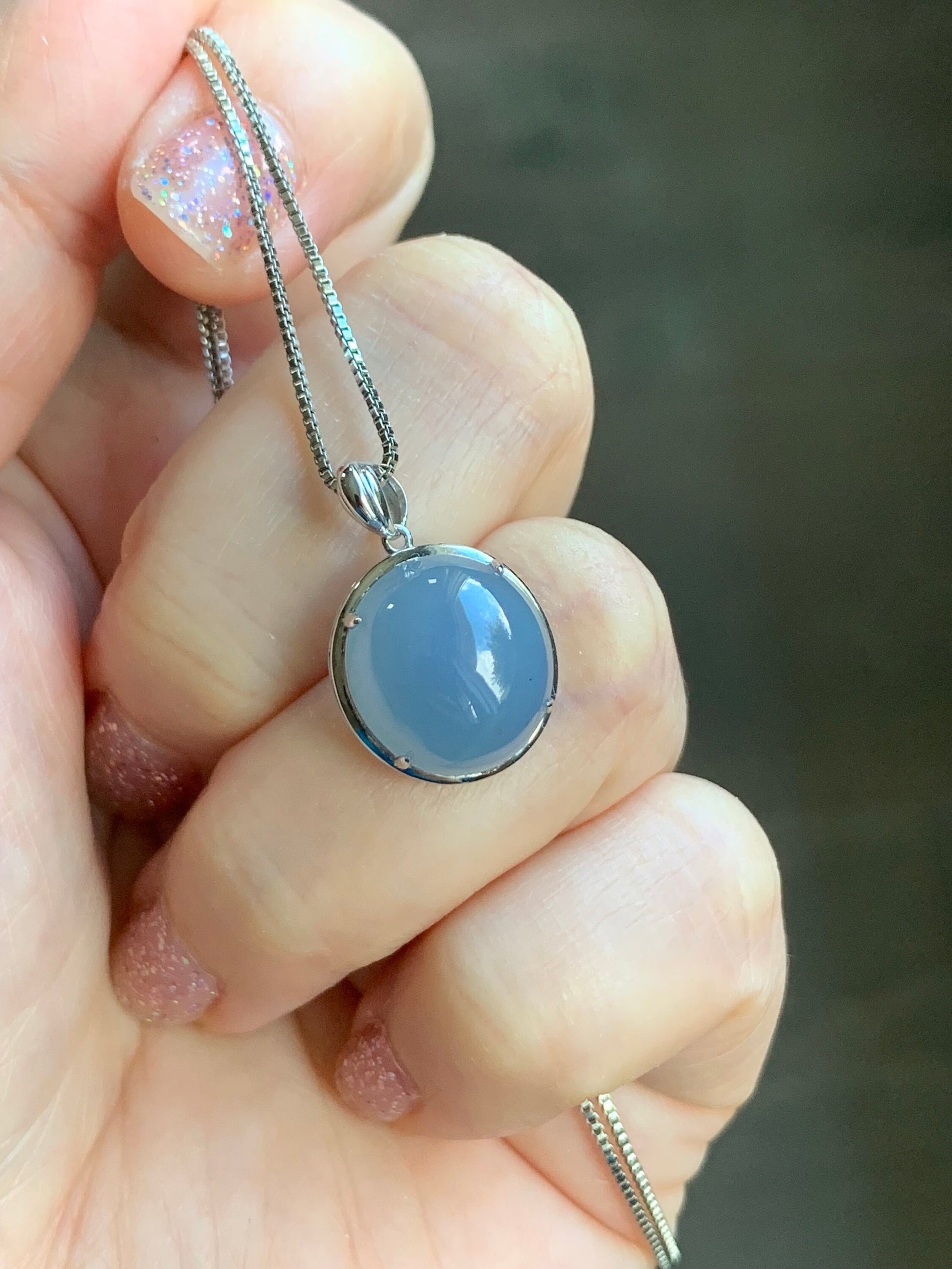 Certified Natural Guatemalan Icy Translucent Rich Blue Jadeite Large Oval Pendant 18K White Gold 天然冰危蓝紫翡翠椭圆蛋面镶嵌吊坠 7052