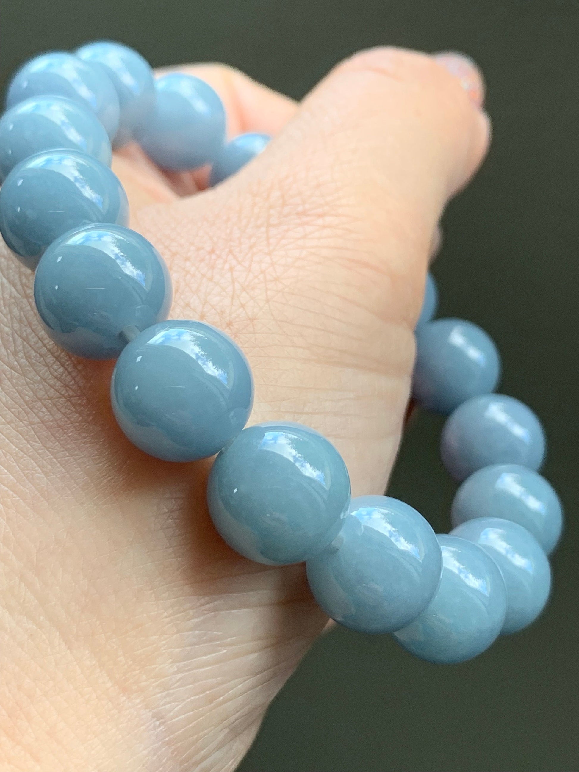 LARGE Certified Natural Guatemalan A Graded Icy Translucent Light Blue Jadeite Beaded Bracelet Stretchy 12mm 7.5" 50g 天然冰危淡蓝紫翡翠大卡圆珠手串 7084