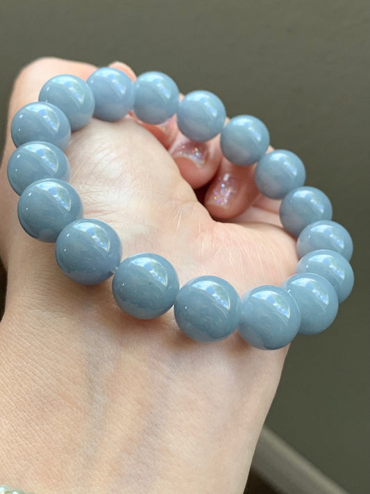 LARGE Certified Natural Guatemalan A Graded Icy Translucent Light Blue Jadeite Beaded Bracelet Stretchy 12mm 7.5" 50g 天然冰危淡蓝紫翡翠大卡圆珠手串 7084
