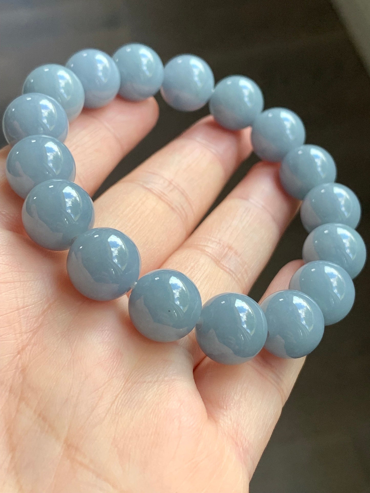 LARGE Certified Natural Guatemalan A Graded Icy Translucent Light Blue Jadeite Beaded Bracelet Stretchy 12mm 7.5" 50g 天然冰危淡蓝紫翡翠大卡圆珠手串 7084