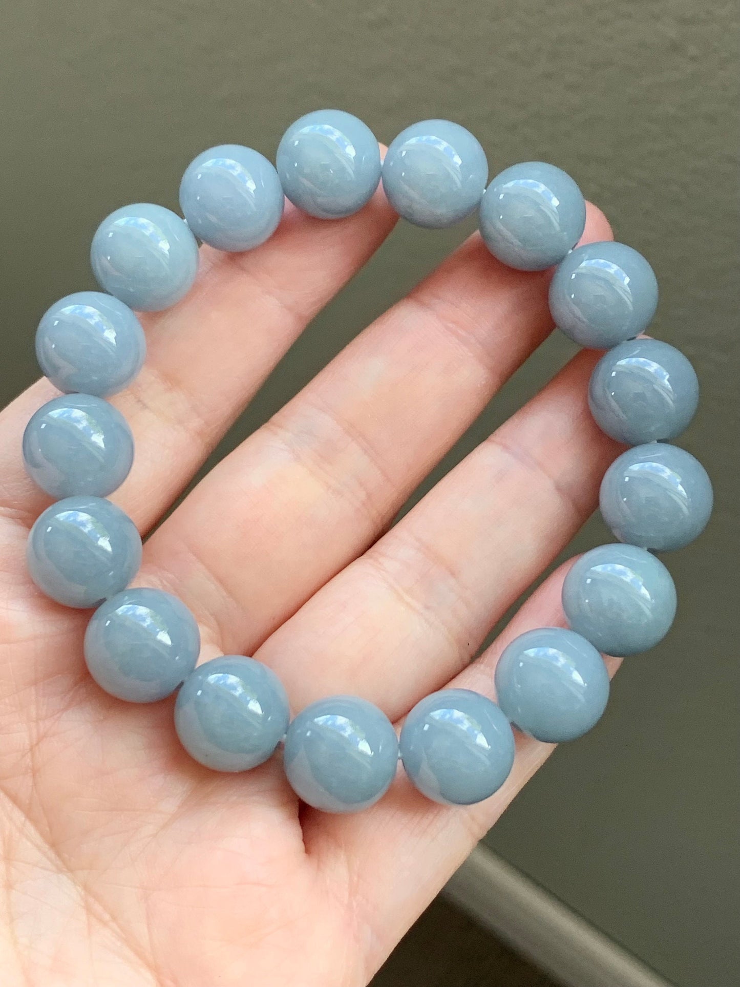 LARGE Certified Natural Guatemalan A Graded Icy Translucent Light Blue Jadeite Beaded Bracelet Stretchy 12mm 7.5" 50g 天然冰危淡蓝紫翡翠大卡圆珠手串 7084