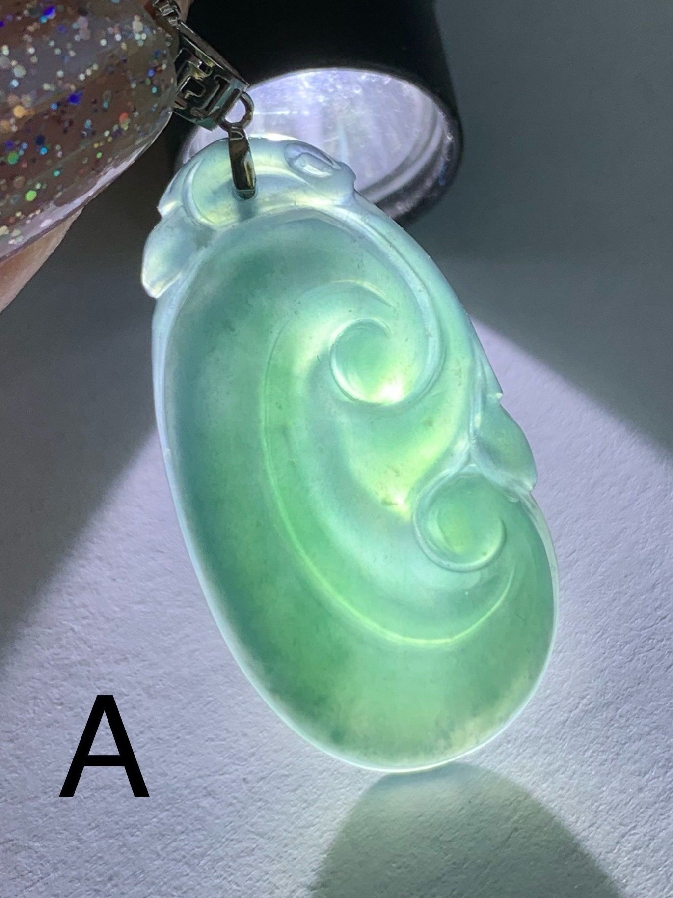 Natural Guatemalan Icy Translucent Teal Blue Jadeite Carved Ruyi Pendant 18K White Gold Bail 天然冰危蓝水翡翠如意镶嵌吊坠
