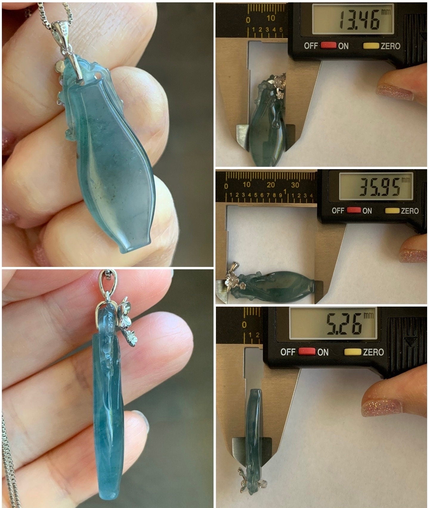 Natural Guatemalan Icy Translucent Gelatinous Teal Blue Jadeite Flower Vase Pendant Sterling Silver Cherry Blossom Bail 天然冰胶危蓝翡翠仿古雕宝瓶梅花扣头吊坠