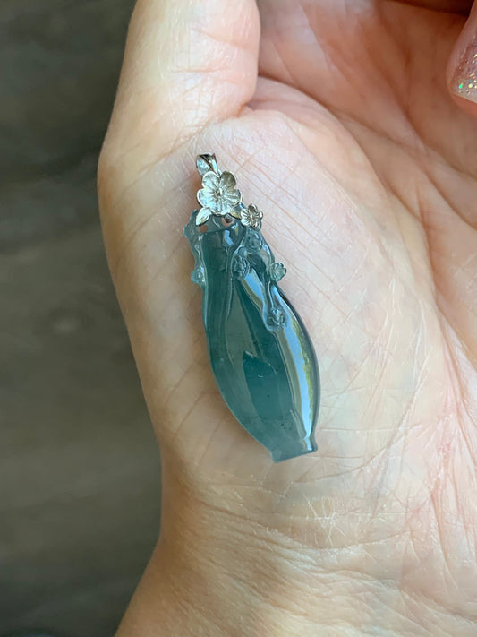 Natural Guatemalan Icy Translucent Gelatinous Teal Blue Jadeite Flower Vase Pendant Sterling Silver Cherry Blossom Bail 天然冰胶危蓝翡翠仿古雕宝瓶梅花扣头吊坠
