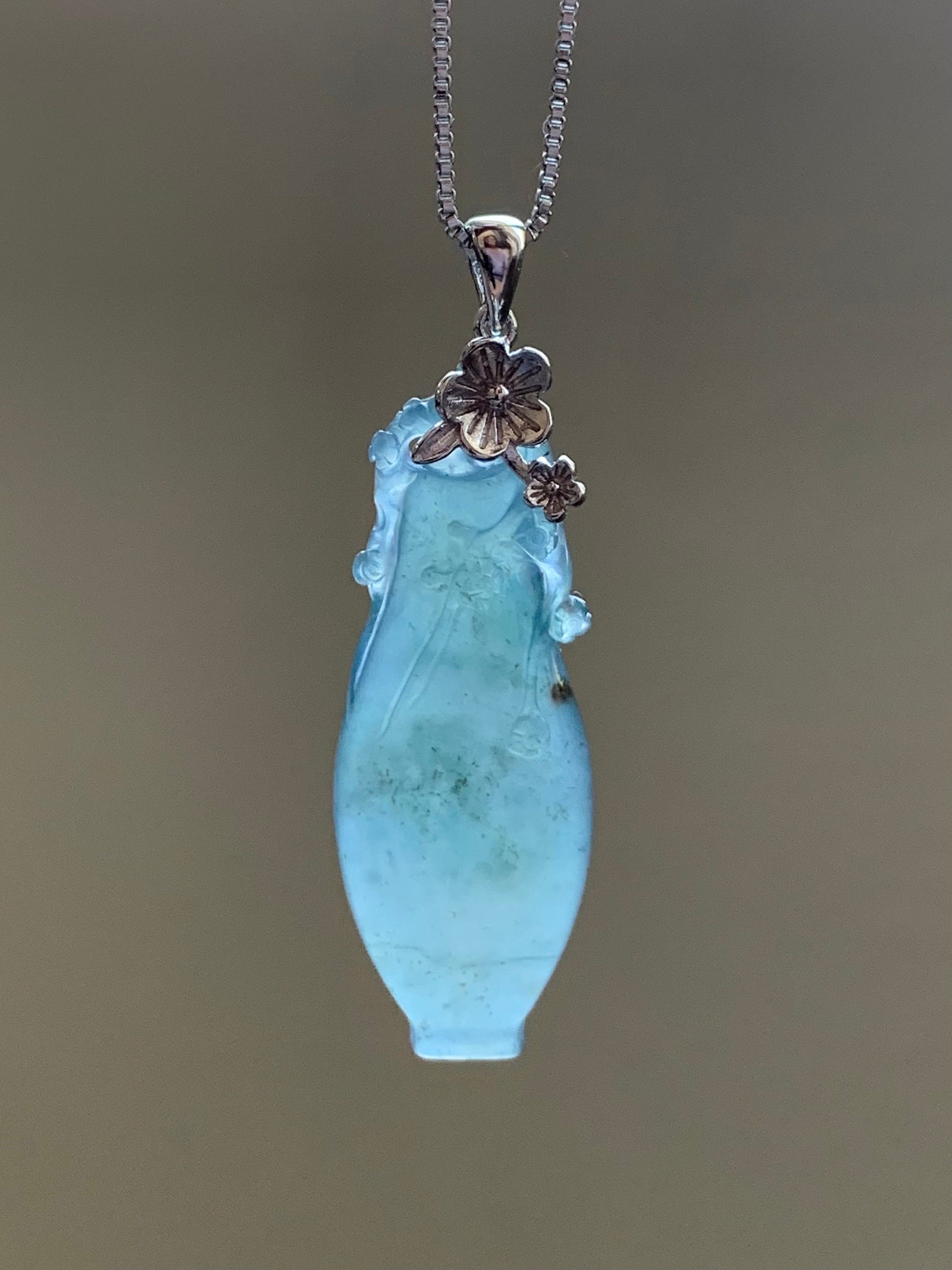 Natural Guatemalan Icy Translucent Gelatinous Teal Blue Jadeite Flower Vase Pendant Sterling Silver Cherry Blossom Bail 天然冰胶危蓝翡翠仿古雕宝瓶梅花扣头吊坠