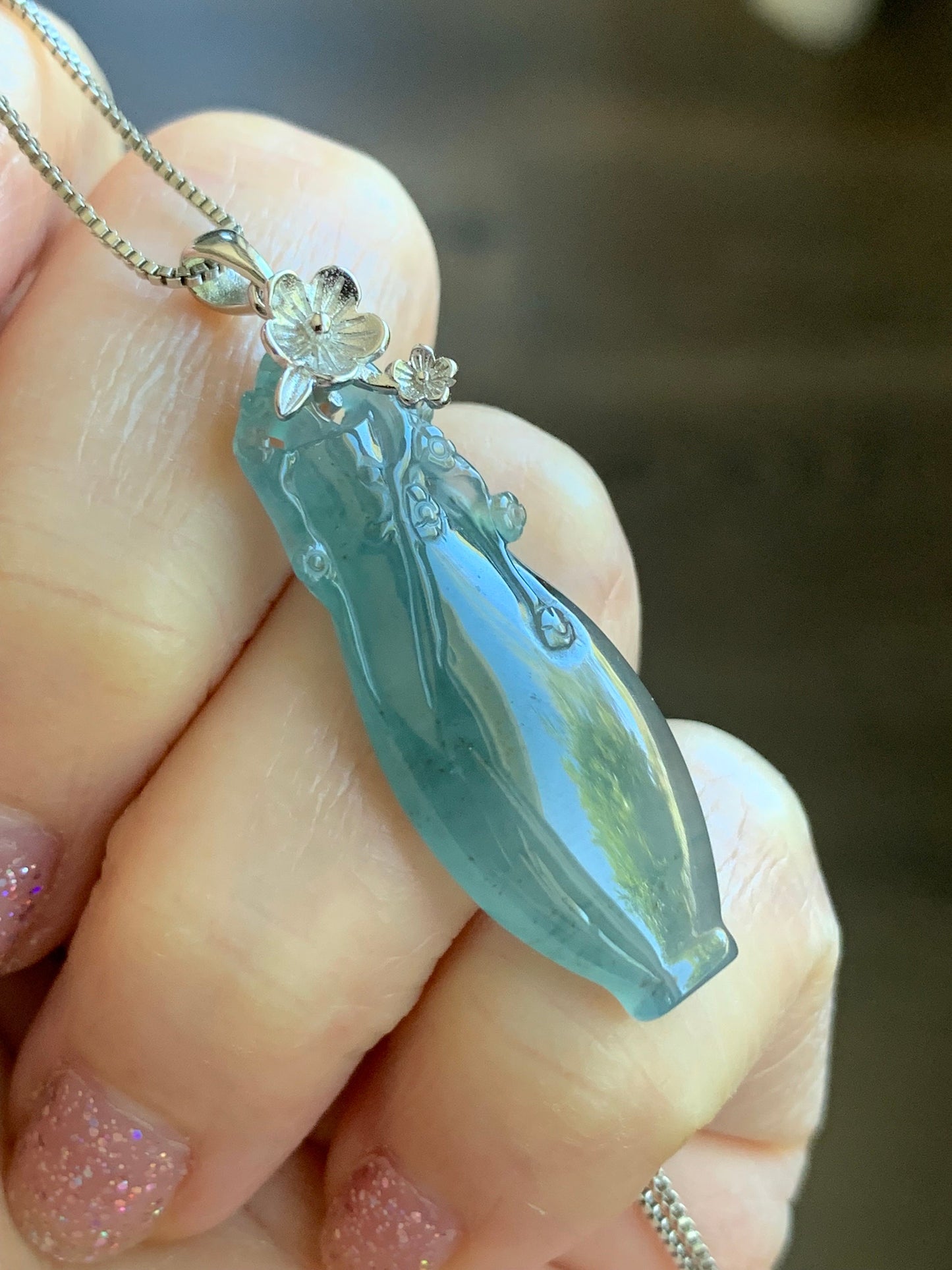 Natural Guatemalan Icy Translucent Gelatinous Teal Blue Jadeite Flower Vase Pendant Sterling Silver Cherry Blossom Bail 天然冰胶危蓝翡翠仿古雕宝瓶梅花扣头吊坠