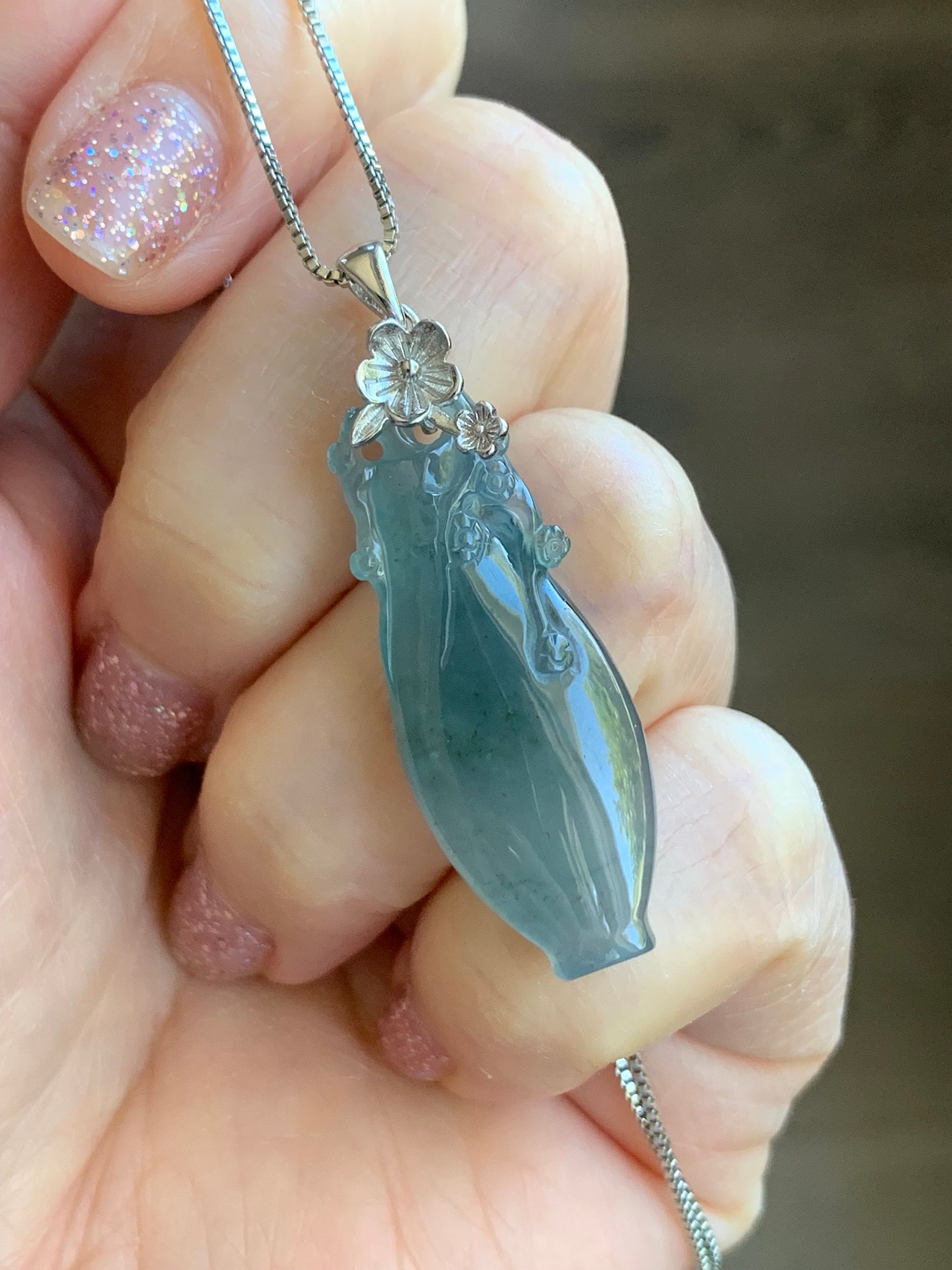 Natural Guatemalan Icy Translucent Gelatinous Teal Blue Jadeite Flower Vase Pendant Sterling Silver Cherry Blossom Bail 天然冰胶危蓝翡翠仿古雕宝瓶梅花扣头吊坠