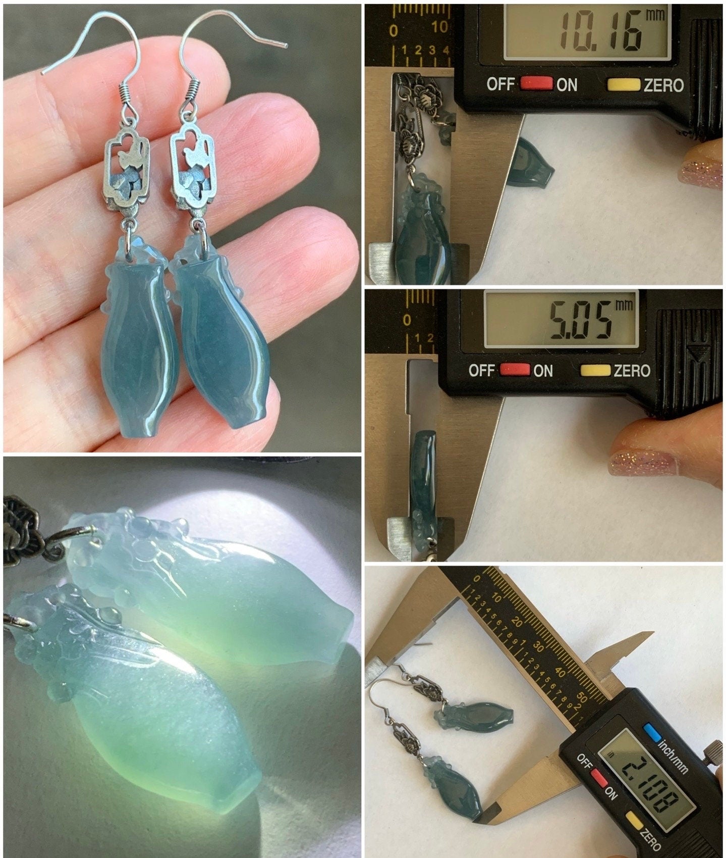 Natural Guatemalan Icy Translucent Gelatinous Dark Dusty Blue Jadeite Carved Flower Vase Dangle Earrings Sterling Silver 天然冰胶危蓝翡翠宝瓶银耳钩
