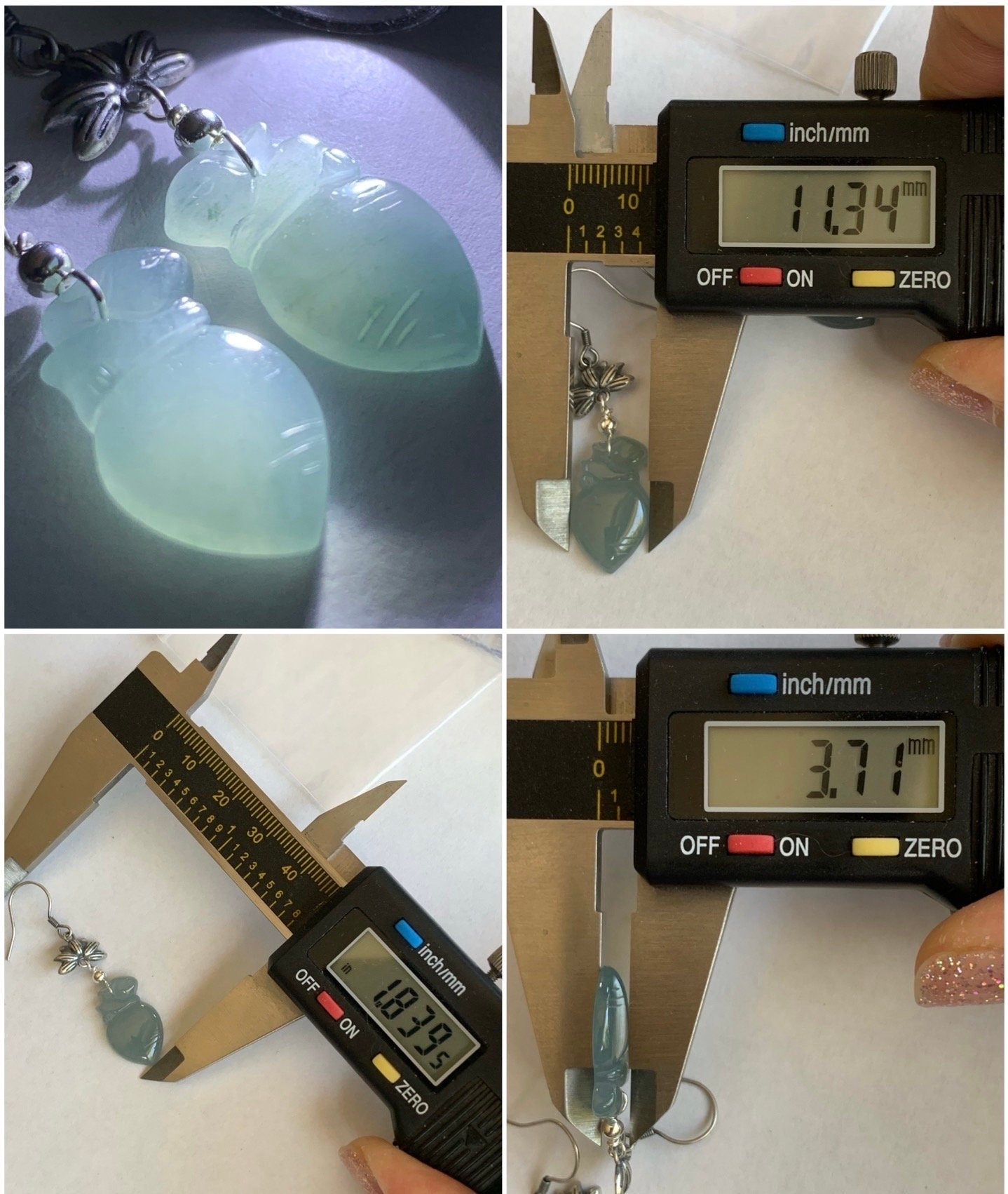 Natural Guatemalan Icy Translucent Gelatinous Light Blue Jadeite Carved Rabbit & Carrot Dangle Earrings Sterling Silver 天然冰胶危浅蓝翡翠胡萝卜兔银耳钩
