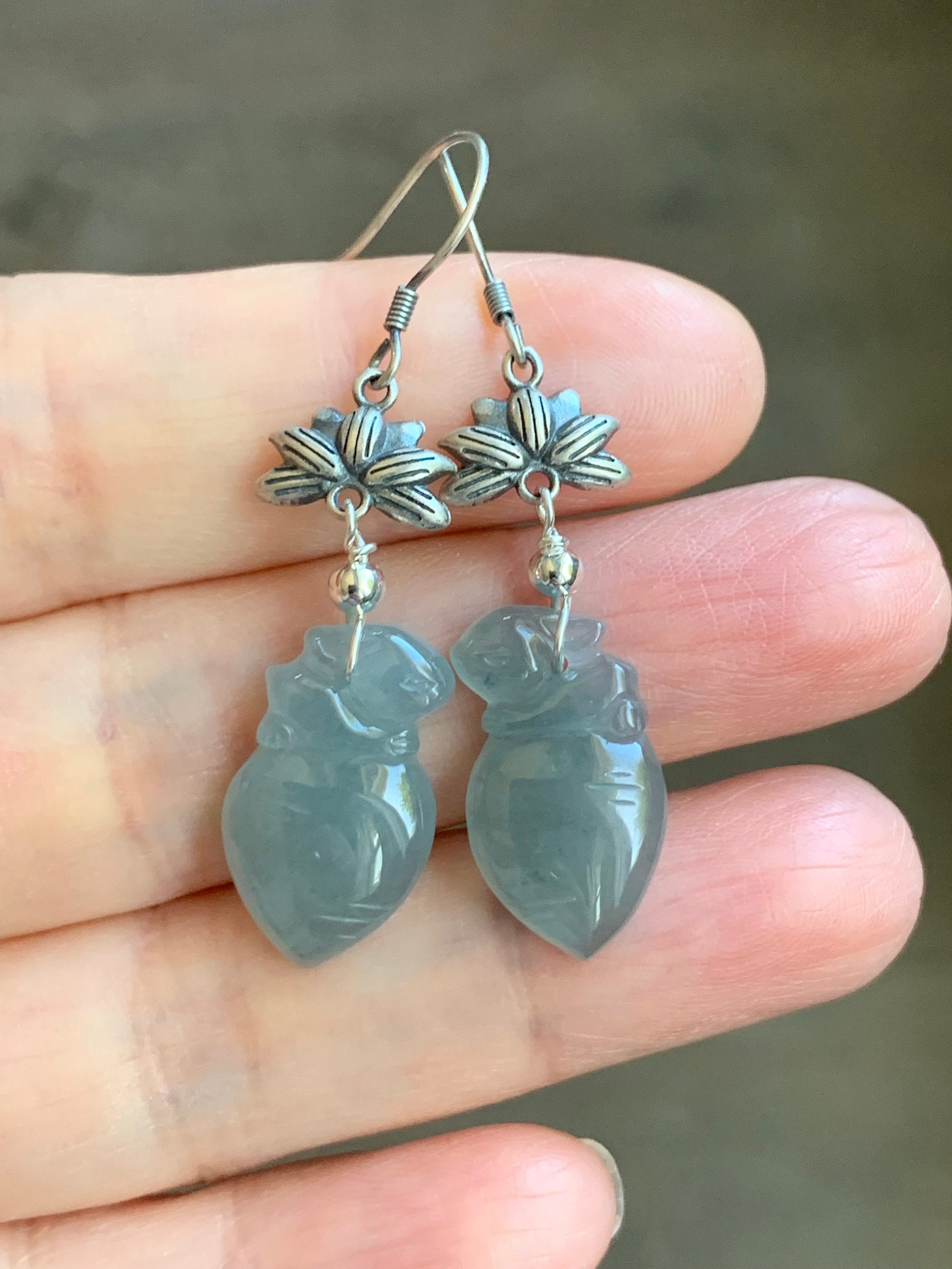 Natural Guatemalan Icy Translucent Gelatinous Light Blue Jadeite Carved Rabbit & Carrot Dangle Earrings Sterling Silver 天然冰胶危浅蓝翡翠胡萝卜兔银耳钩