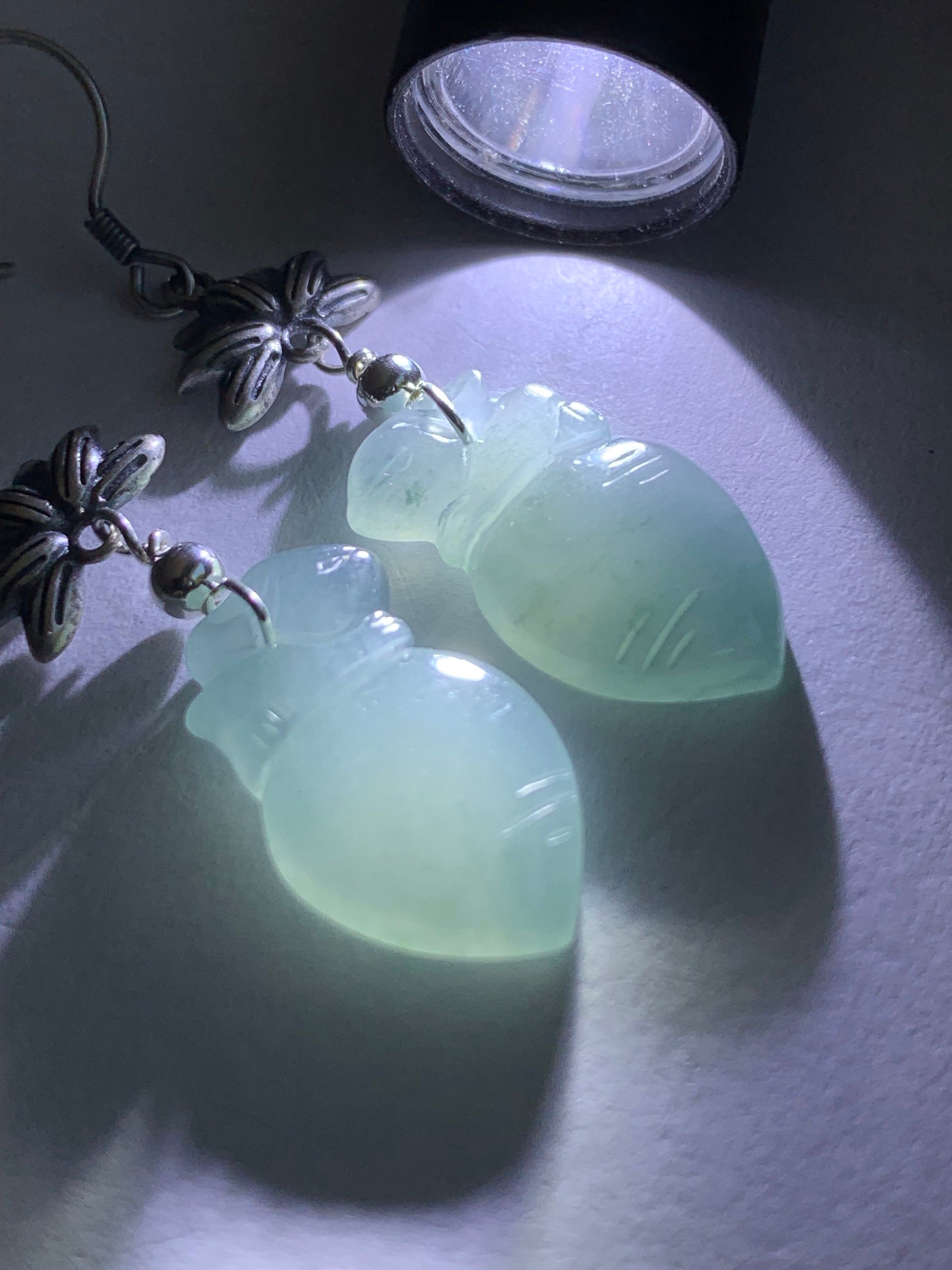 Natural Guatemalan Icy Translucent Gelatinous Light Blue Jadeite Carved Rabbit & Carrot Dangle Earrings Sterling Silver 天然冰胶危浅蓝翡翠胡萝卜兔银耳钩