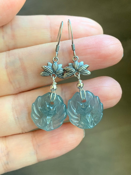Natural Guatemalan Icy Translucent Gelatinous Light Blue Jadeite Carved Nine-Tailed Fox Dangle Earrings Sterling Silver 天然冰胶危浅蓝翡翠九尾狐银耳钩