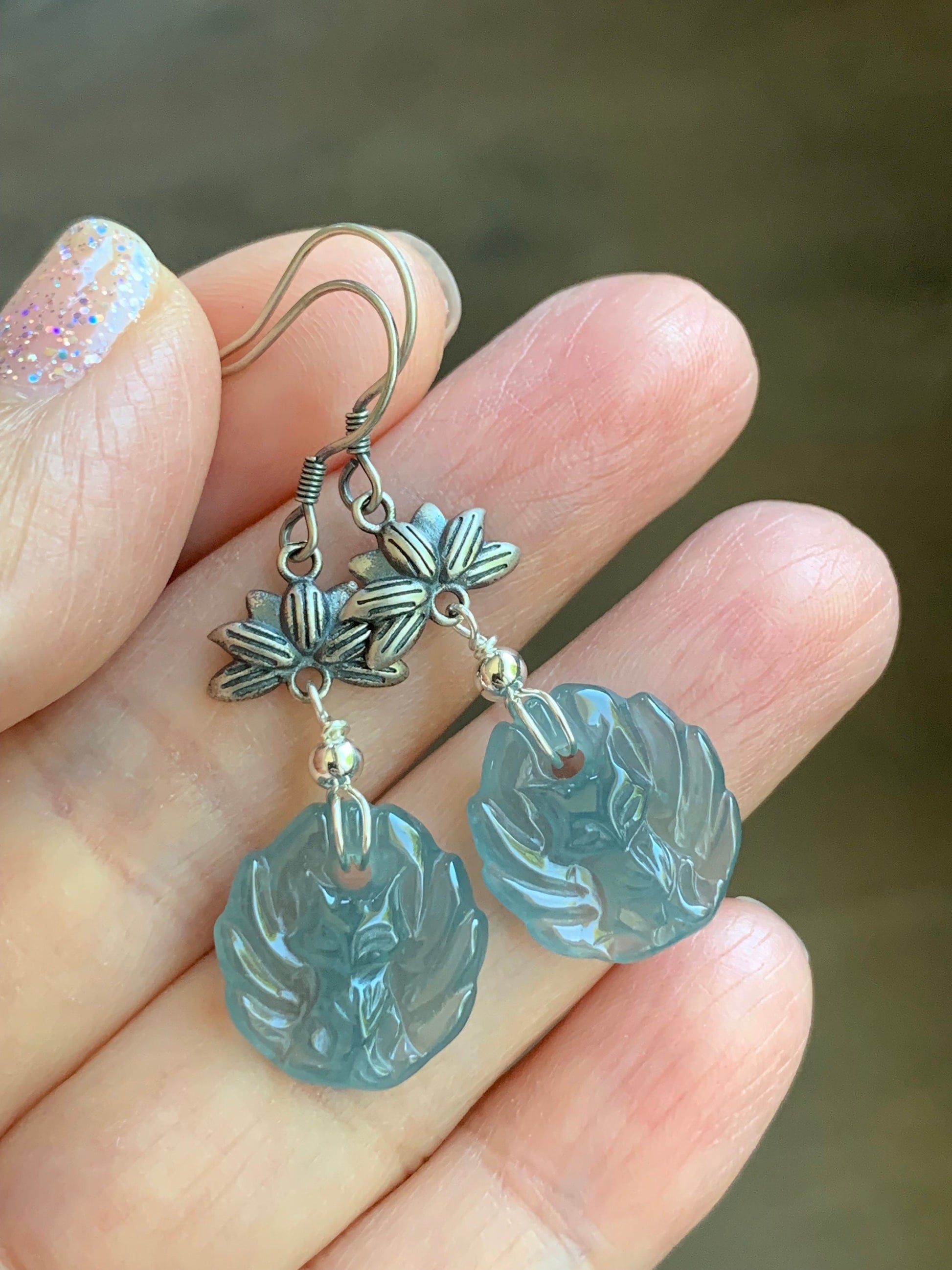 Natural Guatemalan Icy Translucent Gelatinous Light Blue Jadeite Carved Nine-Tailed Fox Dangle Earrings Sterling Silver 天然冰胶危浅蓝翡翠九尾狐银耳钩