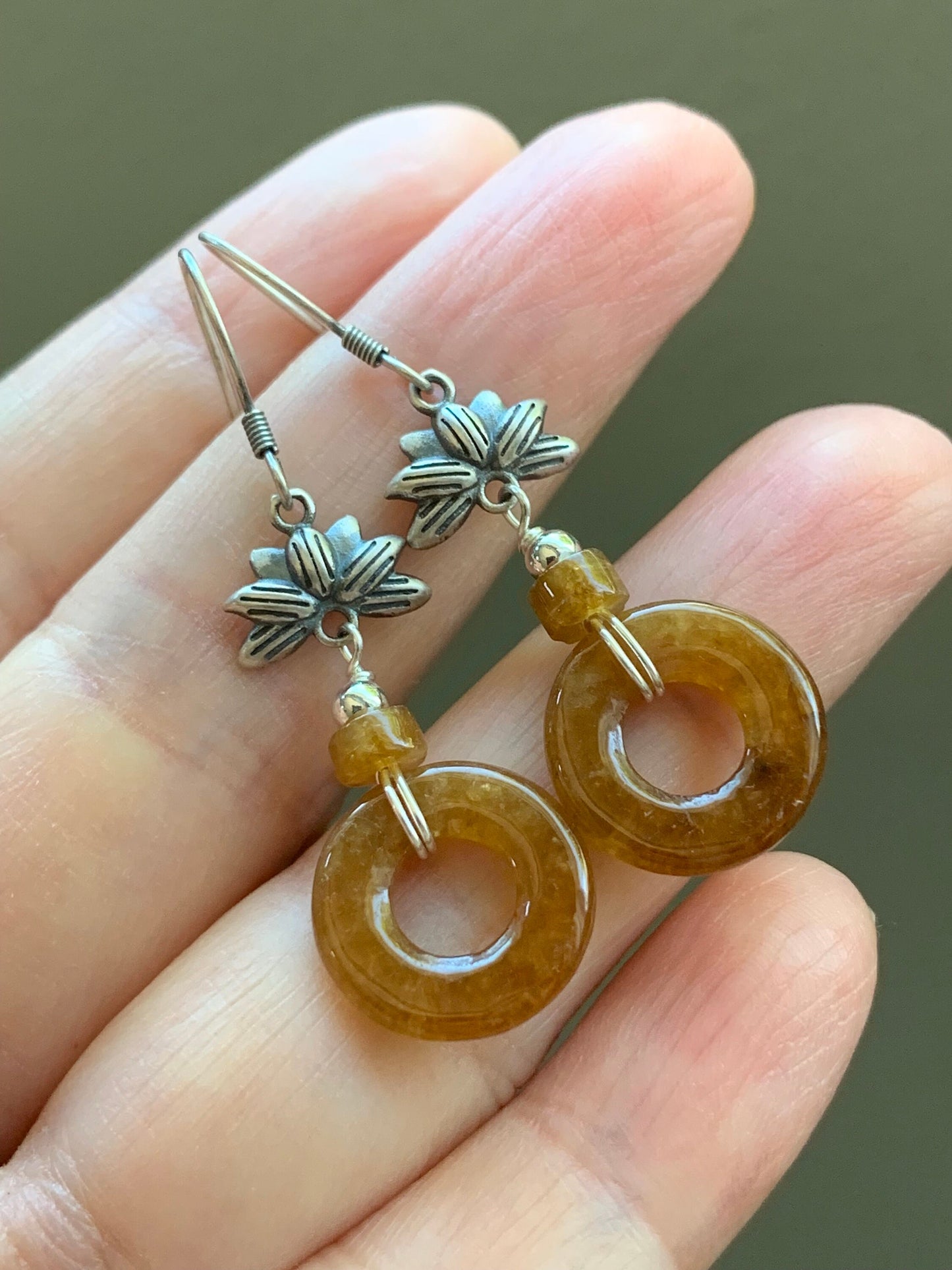 Natural Burmese Icy Highly Translucent Rich Yellow Jadeite Ping An Kou Donut Dangle Earrings S925 Sterling Silver 天然缅甸A货冰透鸡油黄翡翠平安扣银耳吊