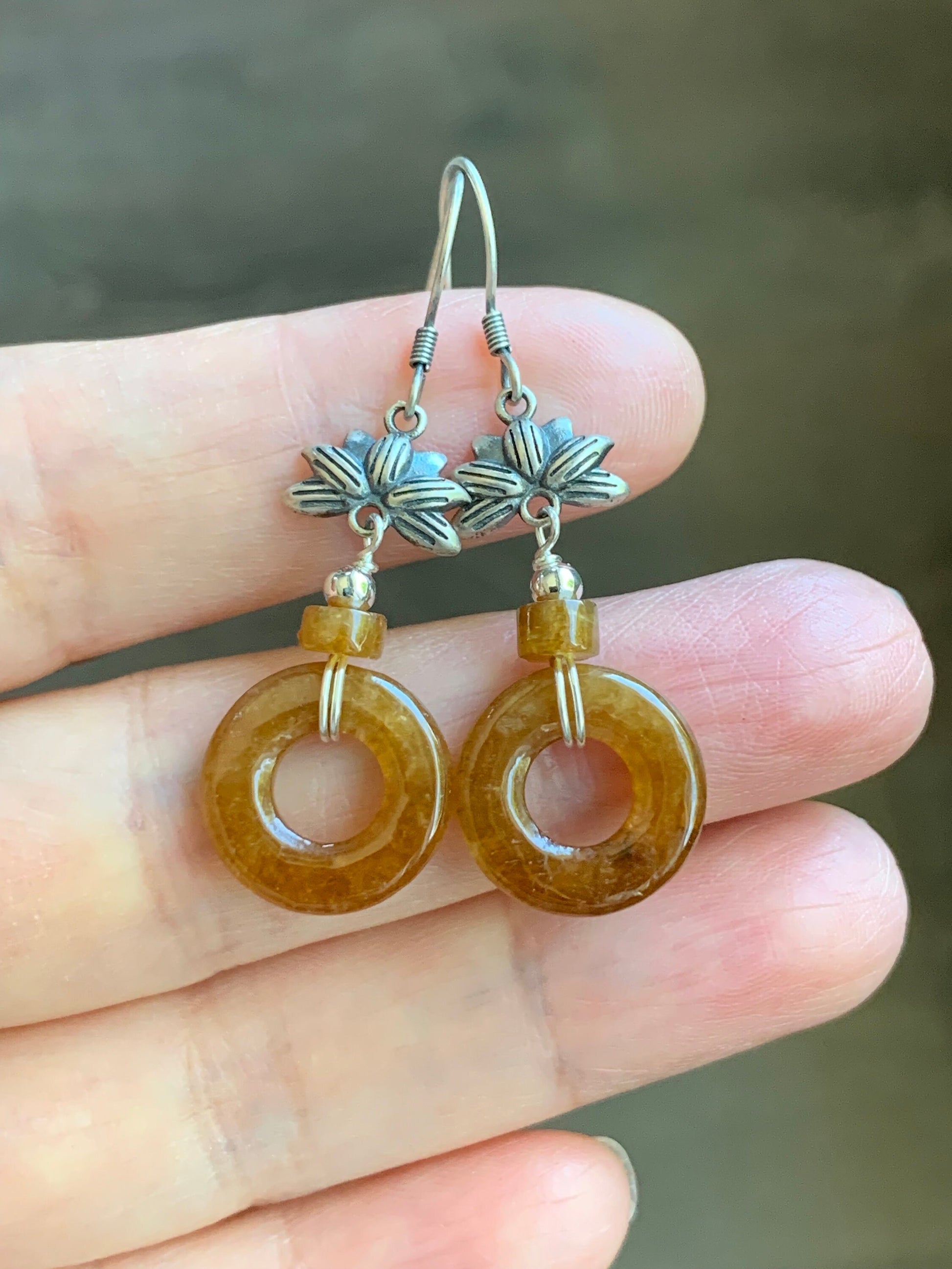Natural Burmese Icy Highly Translucent Rich Yellow Jadeite Ping An Kou Donut Dangle Earrings S925 Sterling Silver 天然缅甸A货冰透鸡油黄翡翠平安扣银耳吊