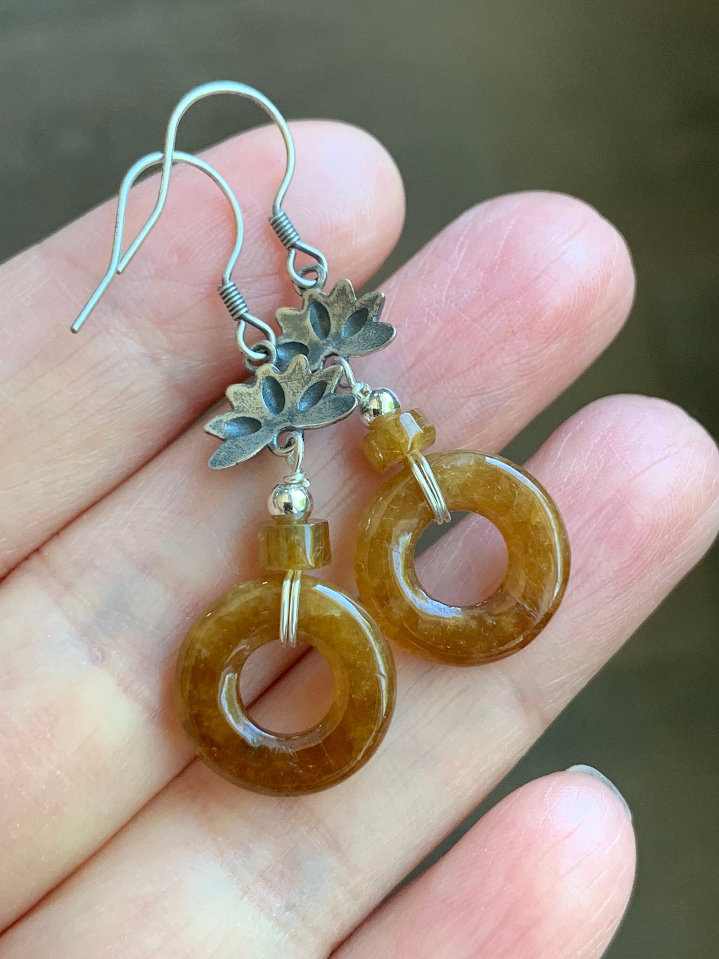 Natural Burmese Icy Highly Translucent Rich Yellow Jadeite Ping An Kou Donut Dangle Earrings S925 Sterling Silver 天然缅甸A货冰透鸡油黄翡翠平安扣银耳吊