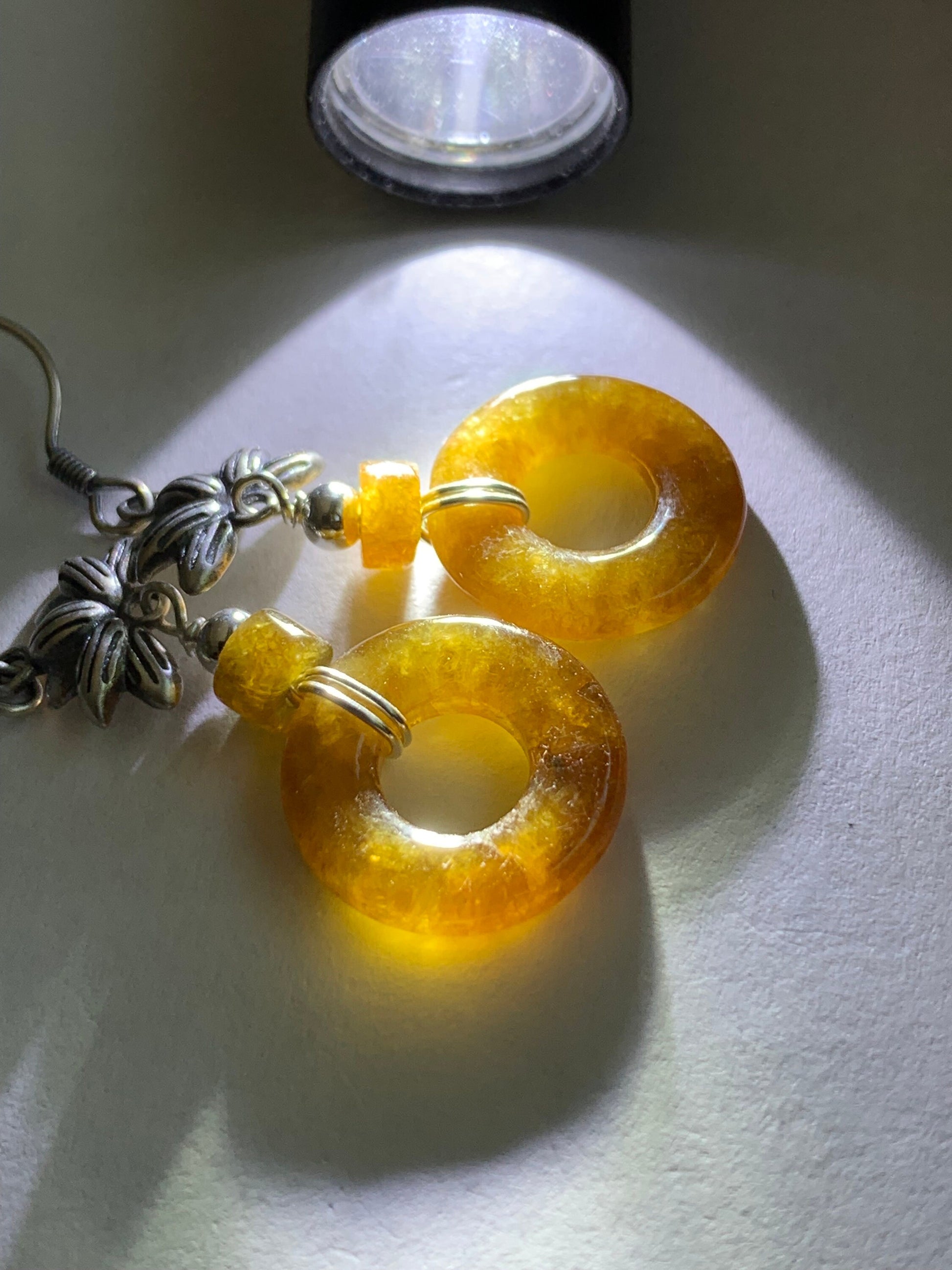Natural Burmese Icy Highly Translucent Rich Yellow Jadeite Ping An Kou Donut Dangle Earrings S925 Sterling Silver 天然缅甸A货冰透鸡油黄翡翠平安扣银耳吊