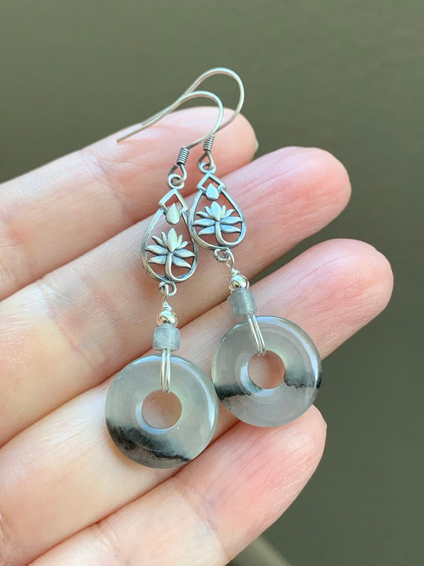 Natural Burmese Icy Highly Translucent Gelatinous Wuji Jadeite Ping An Kou Donut Dangle Earrings S925 Sterling Silver 天然缅甸A货冰胶乌鸡翡翠平安扣银耳吊