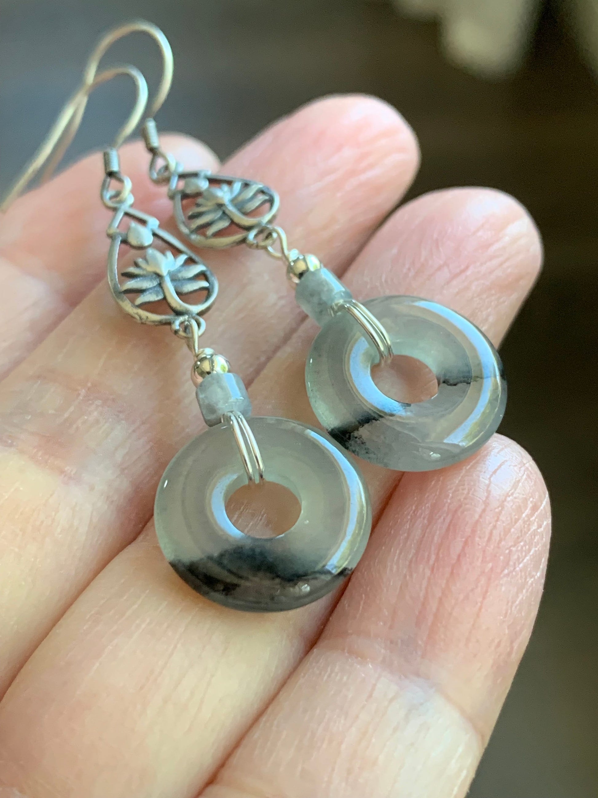Natural Burmese Icy Highly Translucent Gelatinous Wuji Jadeite Ping An Kou Donut Dangle Earrings S925 Sterling Silver 天然缅甸A货冰胶乌鸡翡翠平安扣银耳吊