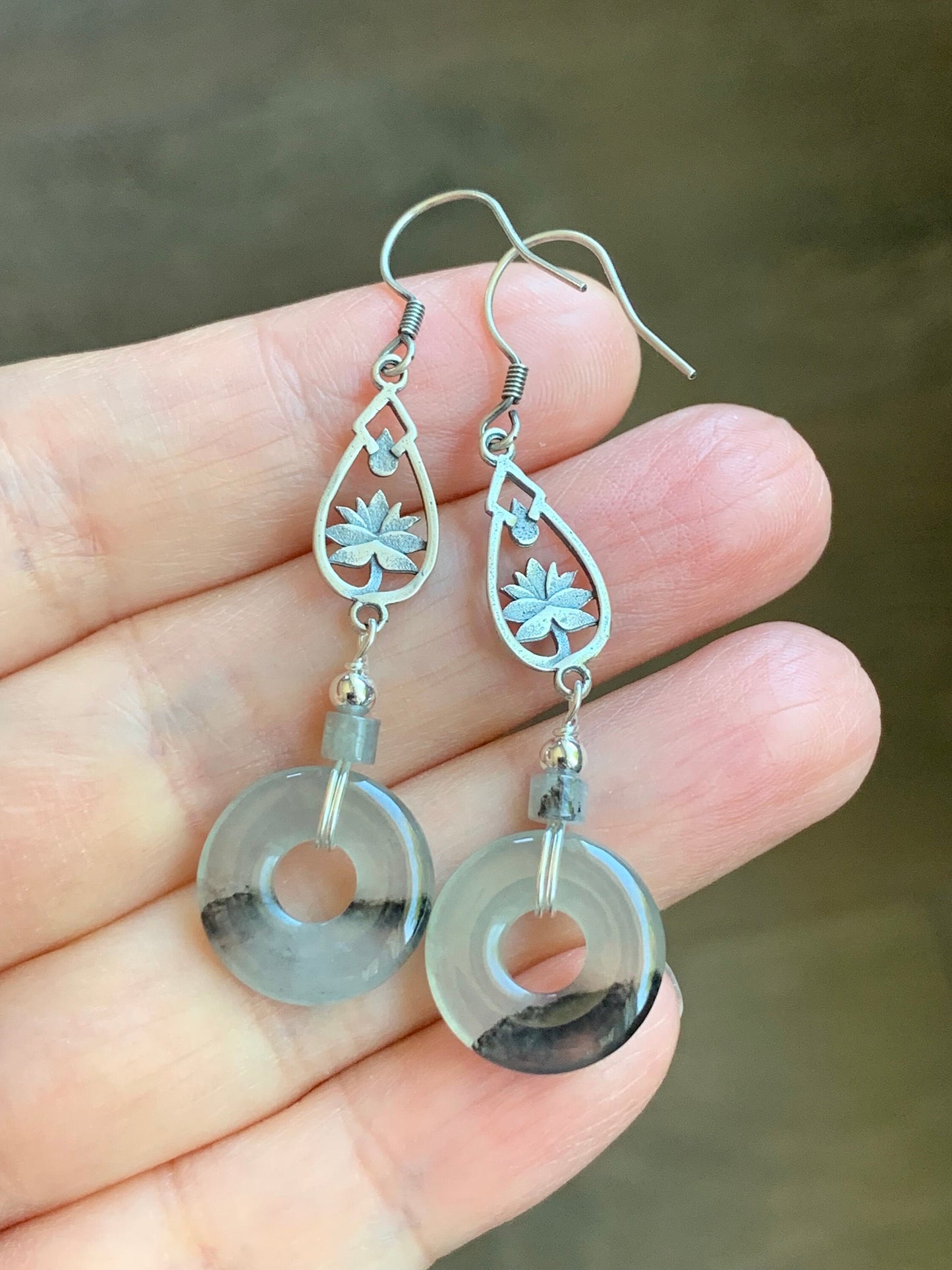 Natural Burmese Icy Highly Translucent Gelatinous Wuji Jadeite Ping An Kou Donut Dangle Earrings S925 Sterling Silver 天然缅甸A货冰胶乌鸡翡翠平安扣银耳吊