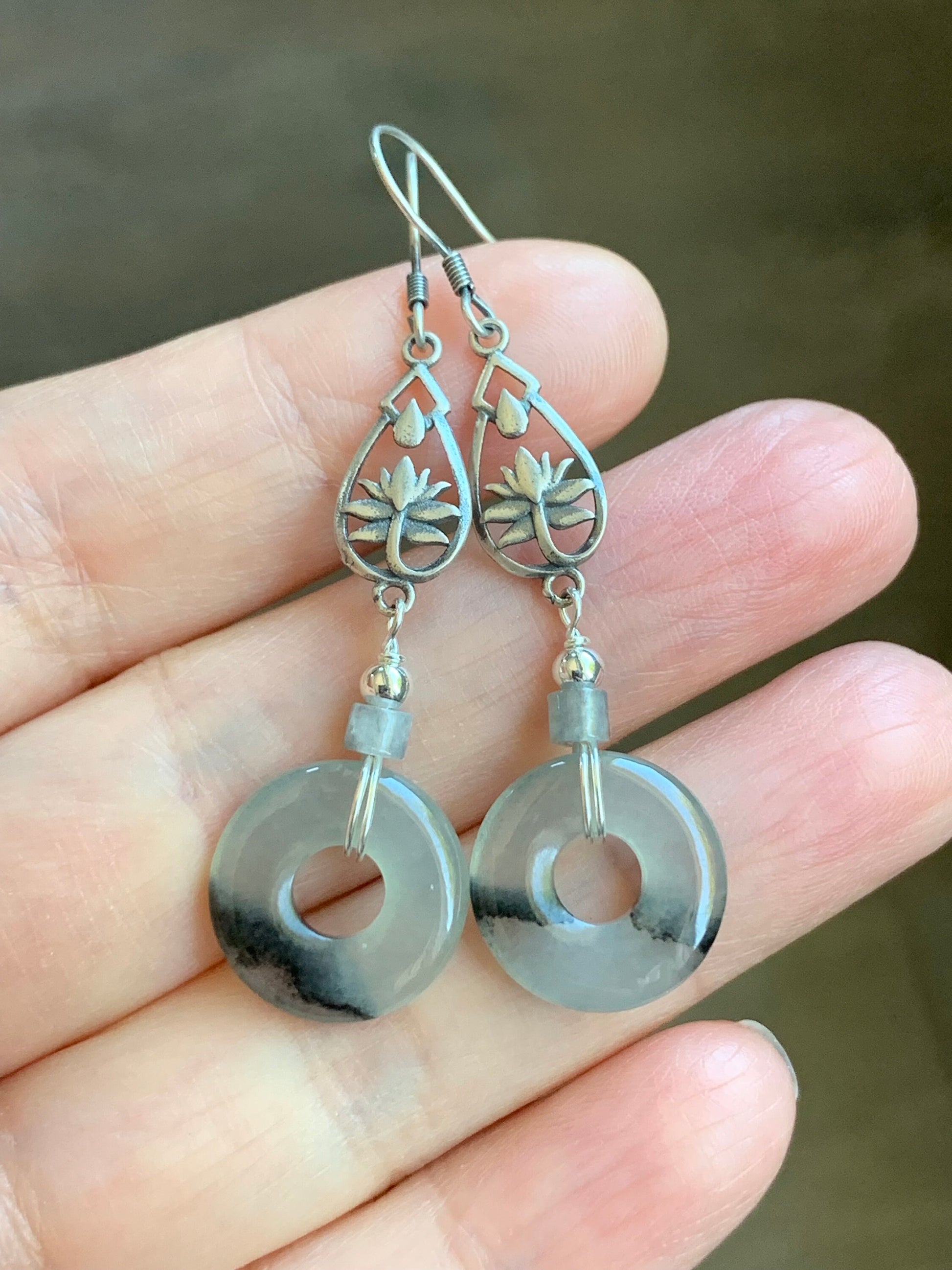Natural Burmese Icy Highly Translucent Gelatinous Wuji Jadeite Ping An Kou Donut Dangle Earrings S925 Sterling Silver 天然缅甸A货冰胶乌鸡翡翠平安扣银耳吊