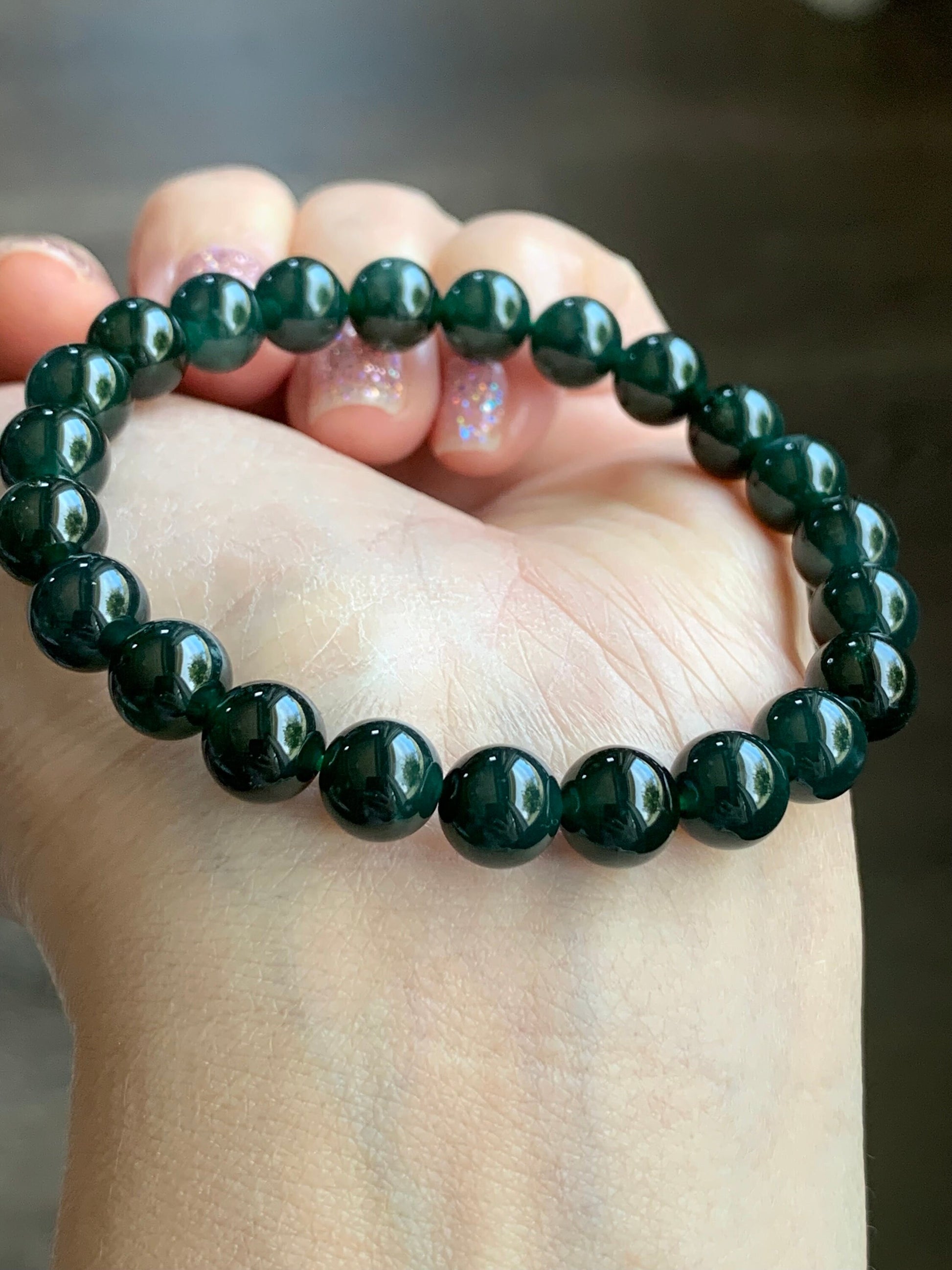 Natural Guatemalan Icy Translucent Gelatinous Dark Teal Green Jadeite Beaded Bracelet 7.9mm 6.5” 20g 天然老种冰胶危湖水绿翡翠手串 HSL36