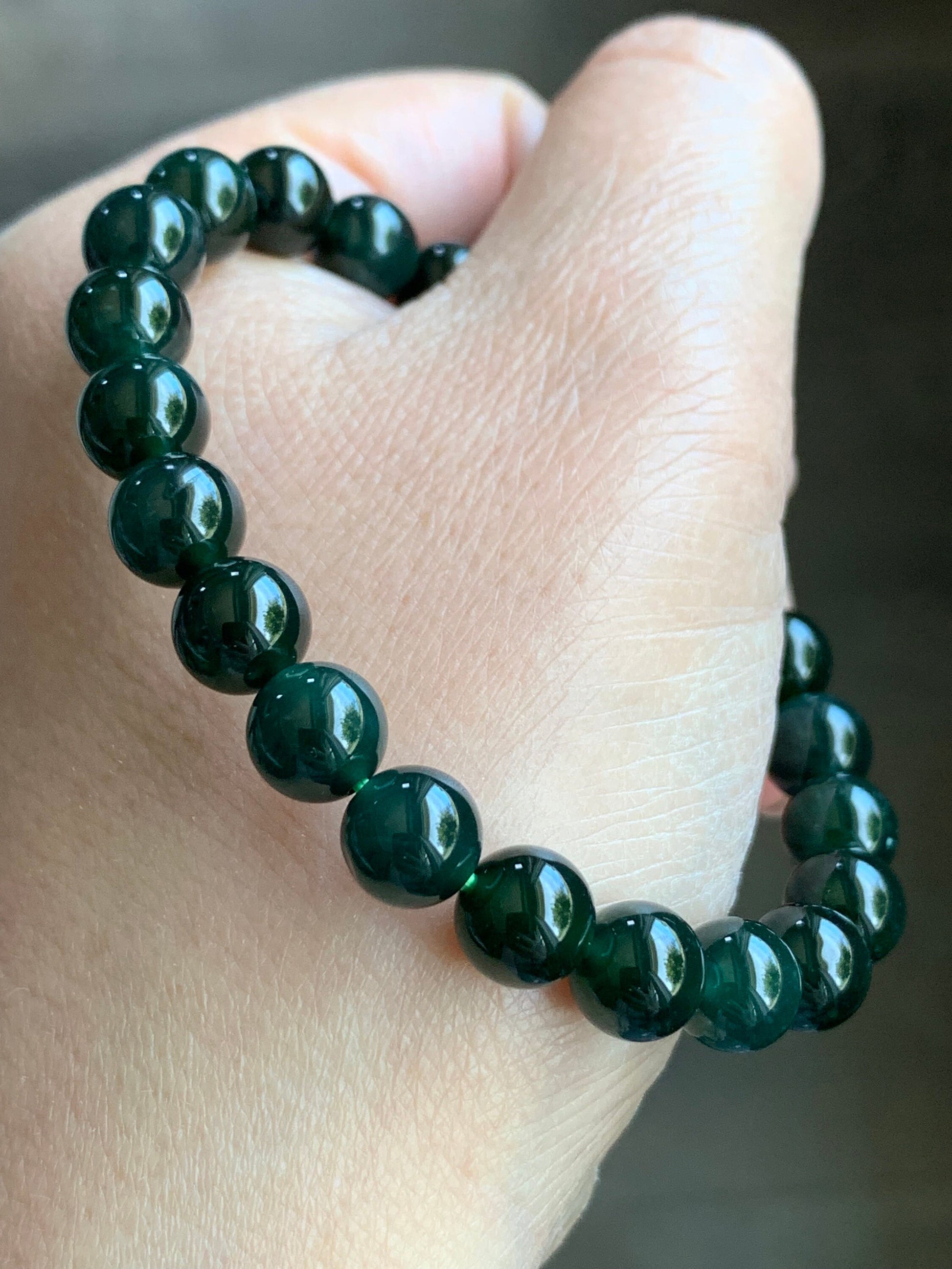 Natural Guatemalan Icy Translucent Gelatinous Dark Teal Green Jadeite Beaded Bracelet 7.9mm 6.5” 20g 天然老种冰胶危湖水绿翡翠手串 HSL36
