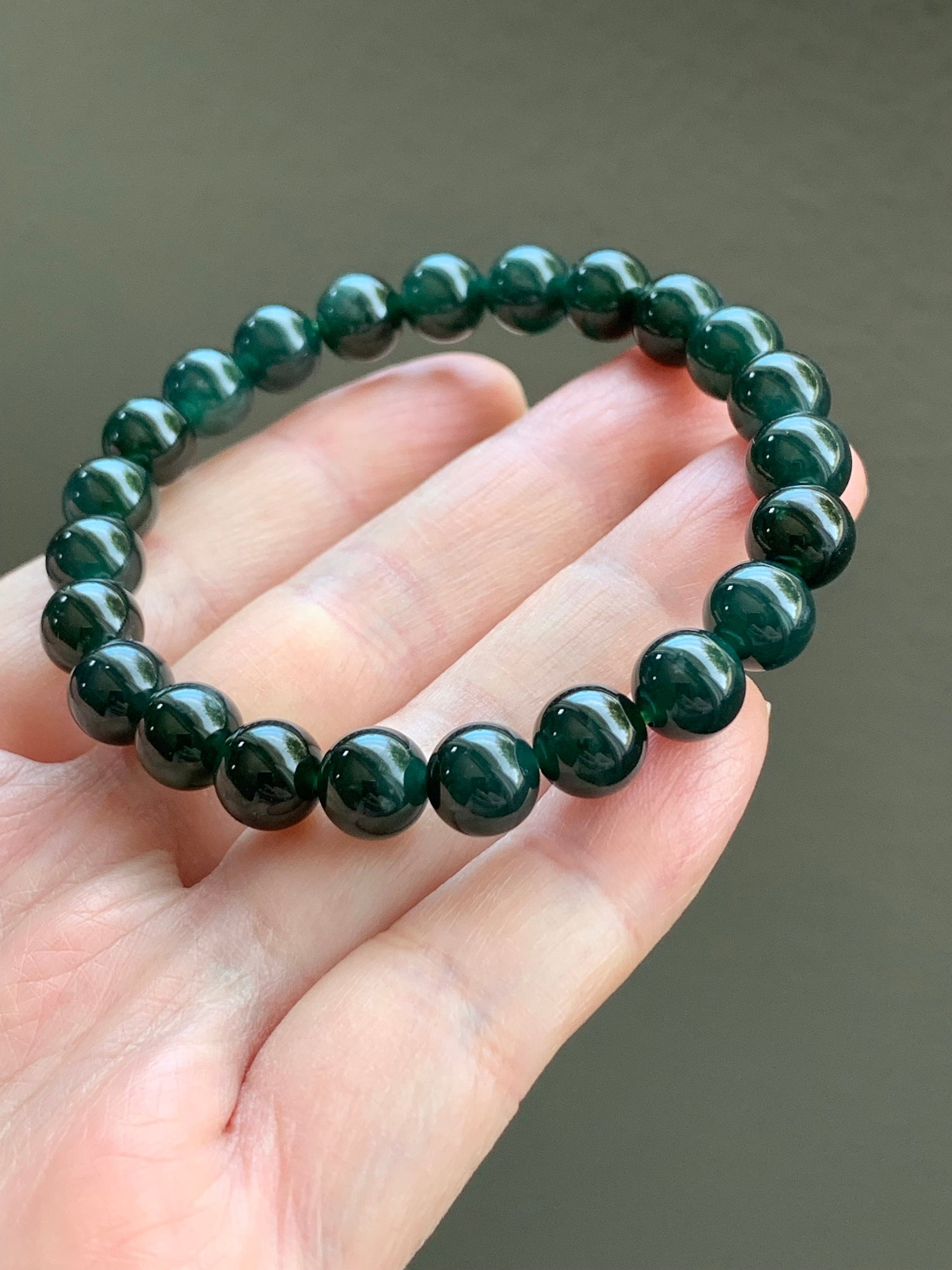 Natural Guatemalan Icy Translucent Gelatinous Dark Teal Green Jadeite Beaded Bracelet 7.9mm 6.5” 20g 天然老种冰胶危湖水绿翡翠手串 HSL36
