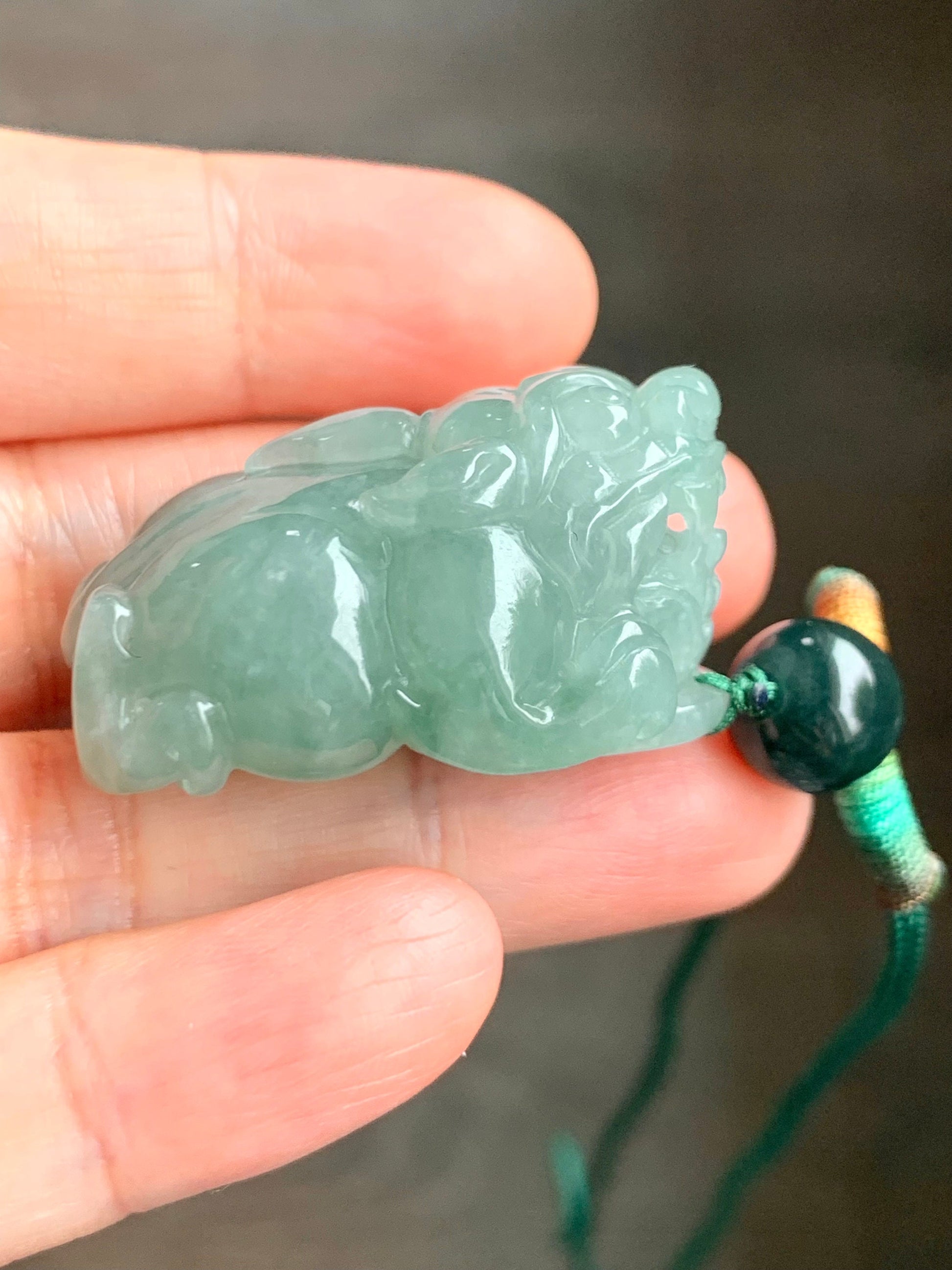 Large Natural Burmese Icy Translucent Light Green Jadeite Pixiu Pendant Rope Necklace 30" Adjustable 36g 天然缅甸冰晴绿翡翠貔貅吊坠
