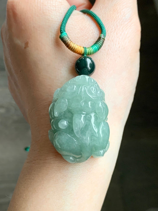 Large Natural Burmese Icy Translucent Light Green Jadeite Pixiu Pendant Rope Necklace 30" Adjustable 36g 天然缅甸冰晴绿翡翠貔貅吊坠