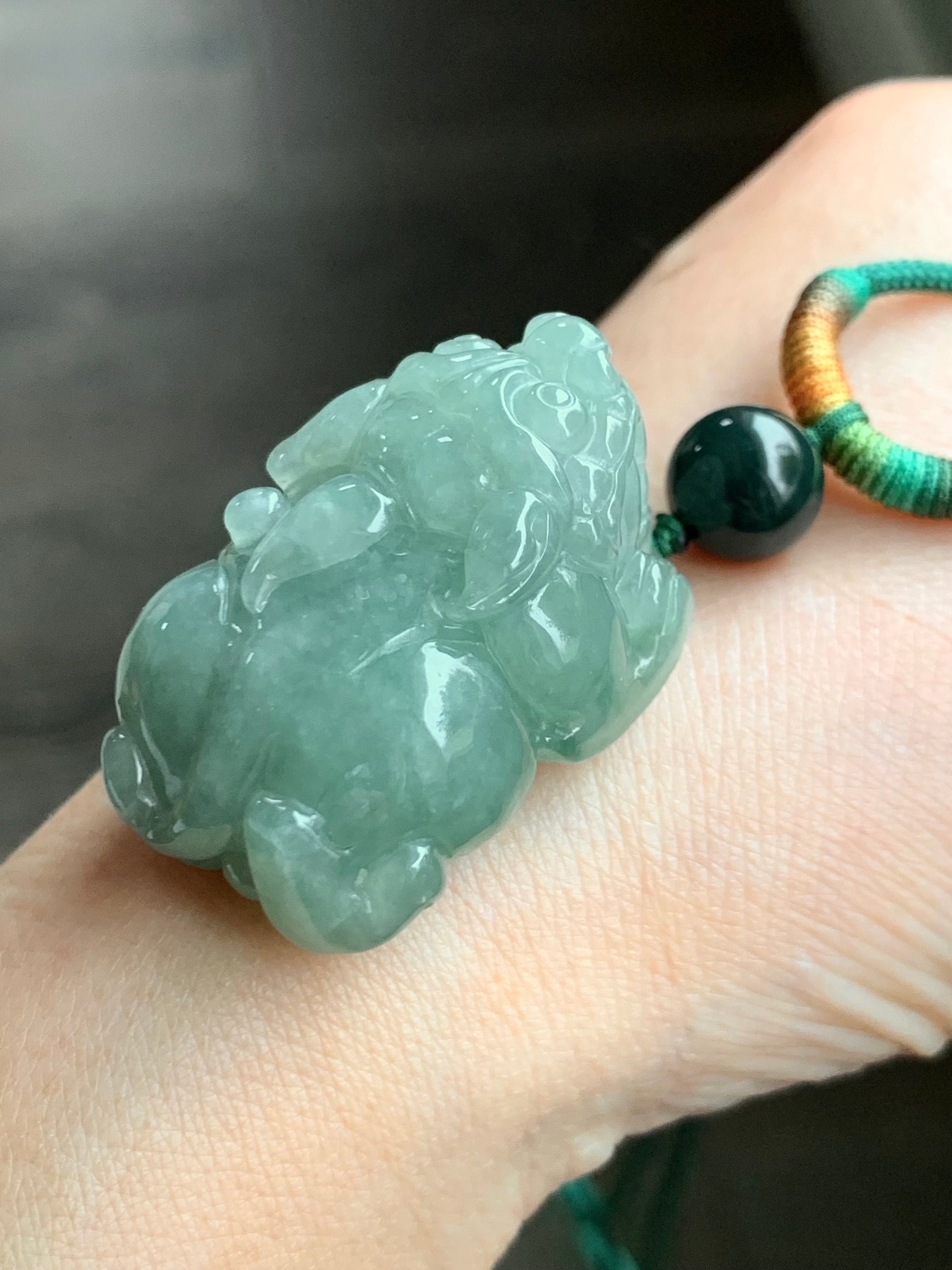 Large Natural Burmese Icy Translucent Light Green Jadeite Pixiu Pendant Rope Necklace 30" Adjustable 36g 天然缅甸冰晴绿翡翠貔貅吊坠