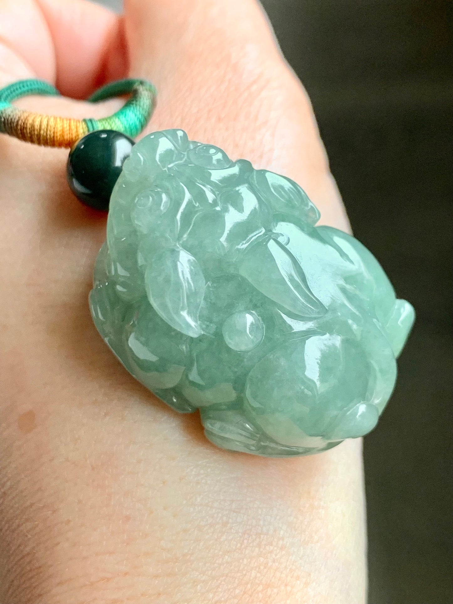 Large Natural Burmese Icy Translucent Light Green Jadeite Pixiu Pendant Rope Necklace 30" Adjustable 36g 天然缅甸冰晴绿翡翠貔貅吊坠