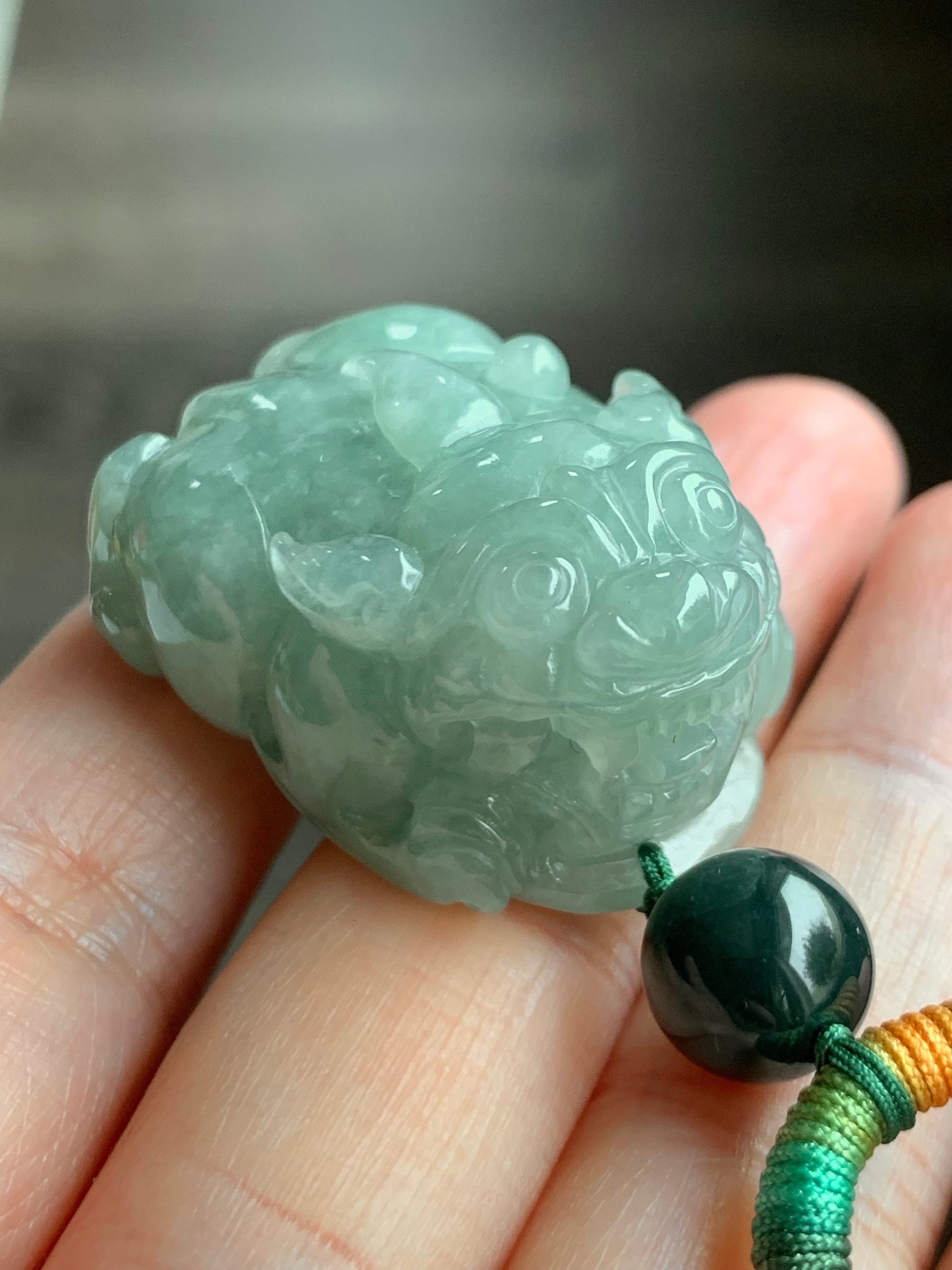 Large Natural Burmese Icy Translucent Light Green Jadeite Pixiu Pendant Rope Necklace 30" Adjustable 36g 天然缅甸冰晴绿翡翠貔貅吊坠