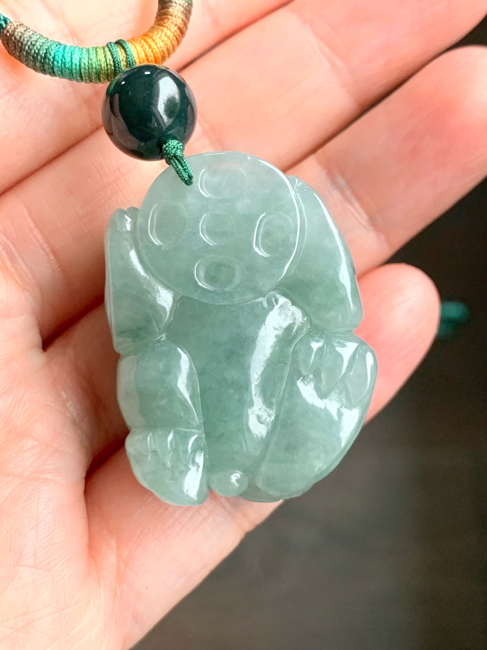 Large Natural Burmese Icy Translucent Light Green Jadeite Pixiu Pendant Rope Necklace 30" Adjustable 36g 天然缅甸冰晴绿翡翠貔貅吊坠