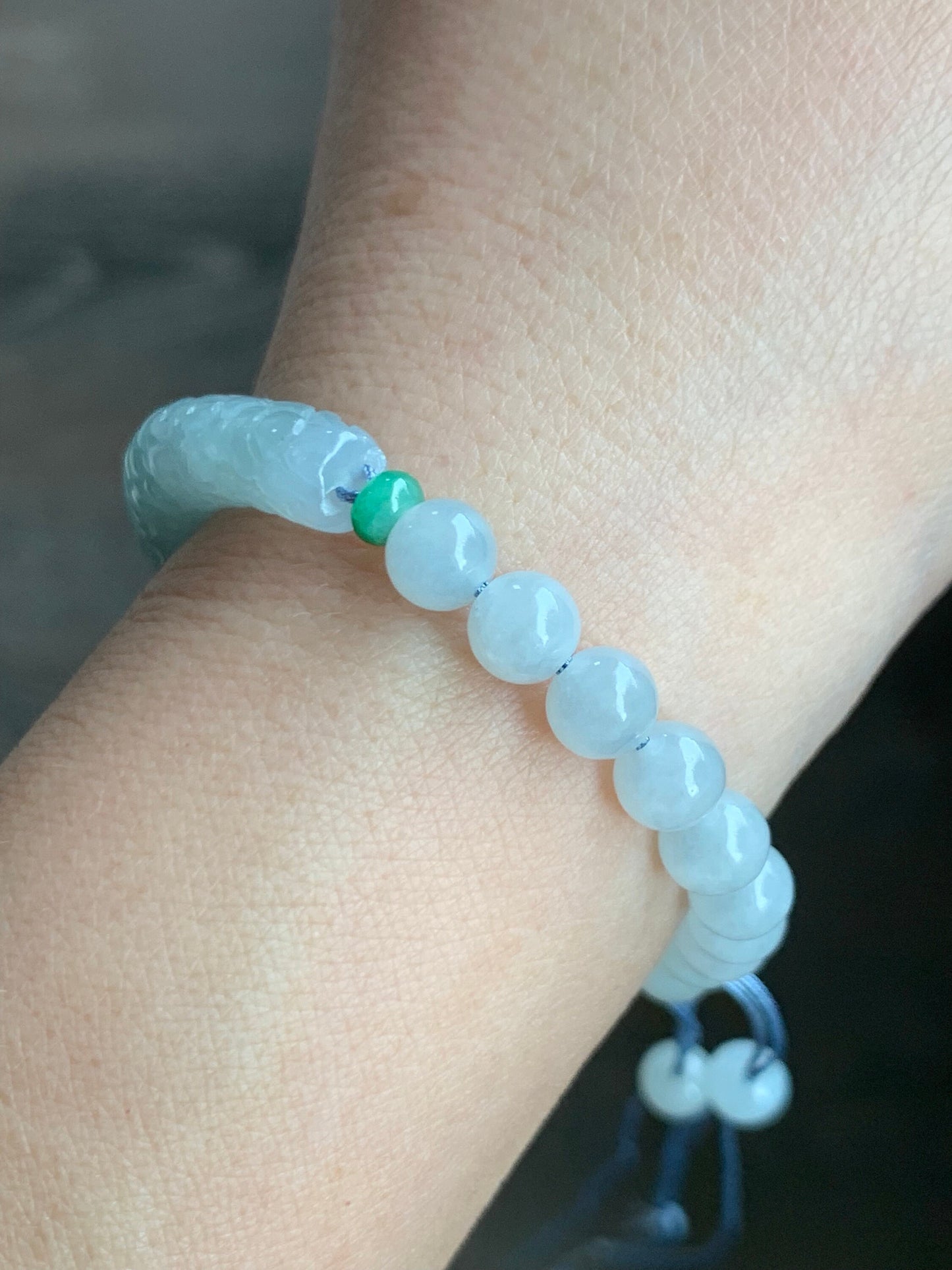 Natural Burmese Icy Translucent Light Blue Jadeite Engraved Slim Cuff Icy White Jadeite Beaded Bracelet 6" 12g 天然缅甸冰淡蓝翡翠仿古雕细手牌白冰翡翠圆珠手串