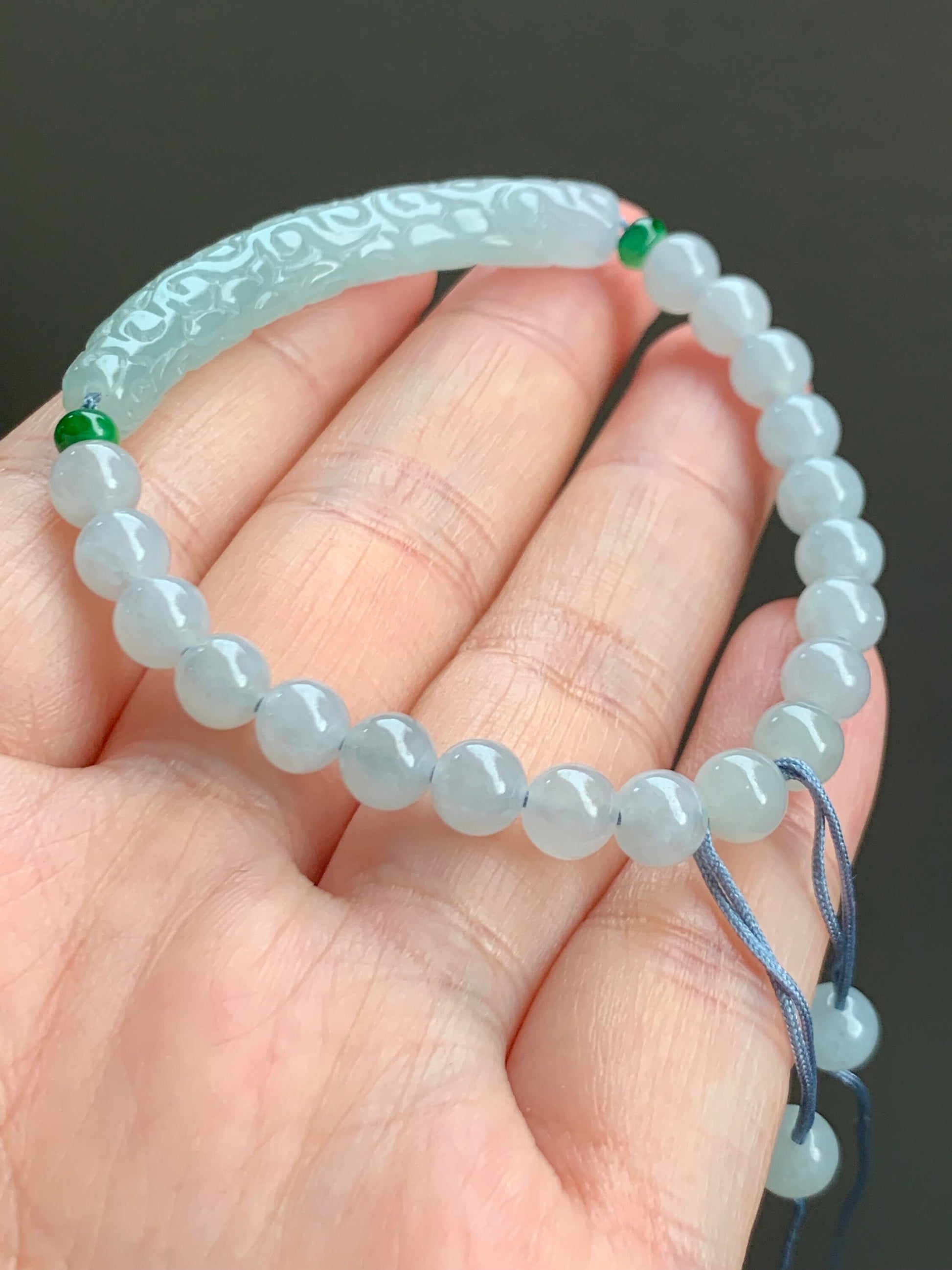 Natural Burmese Icy Translucent Light Blue Jadeite Engraved Slim Cuff Icy White Jadeite Beaded Bracelet 6" 12g 天然缅甸冰淡蓝翡翠仿古雕细手牌白冰翡翠圆珠手串
