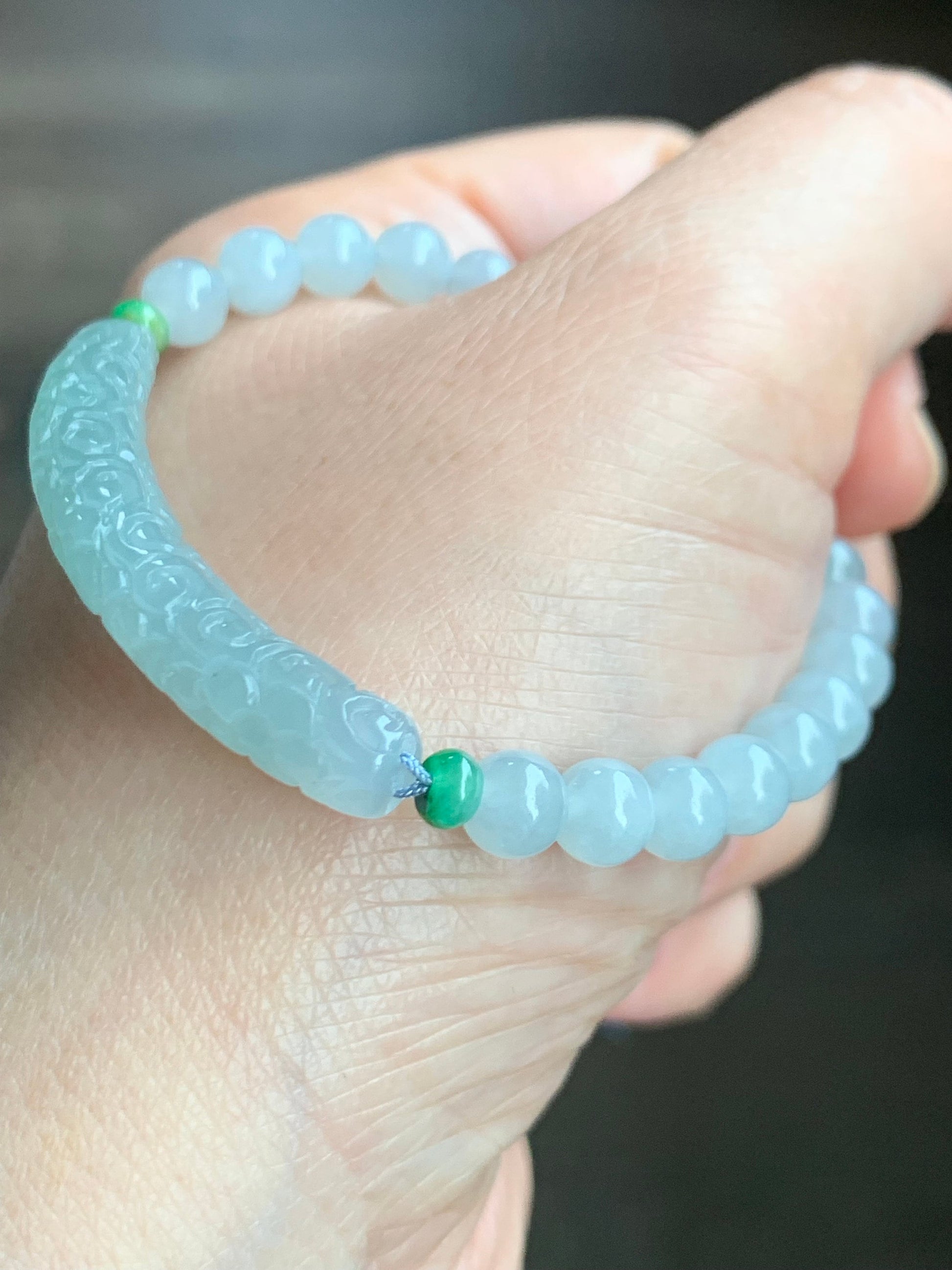Natural Burmese Icy Translucent Light Blue Jadeite Engraved Slim Cuff Icy White Jadeite Beaded Bracelet 6" 12g 天然缅甸冰淡蓝翡翠仿古雕细手牌白冰翡翠圆珠手串