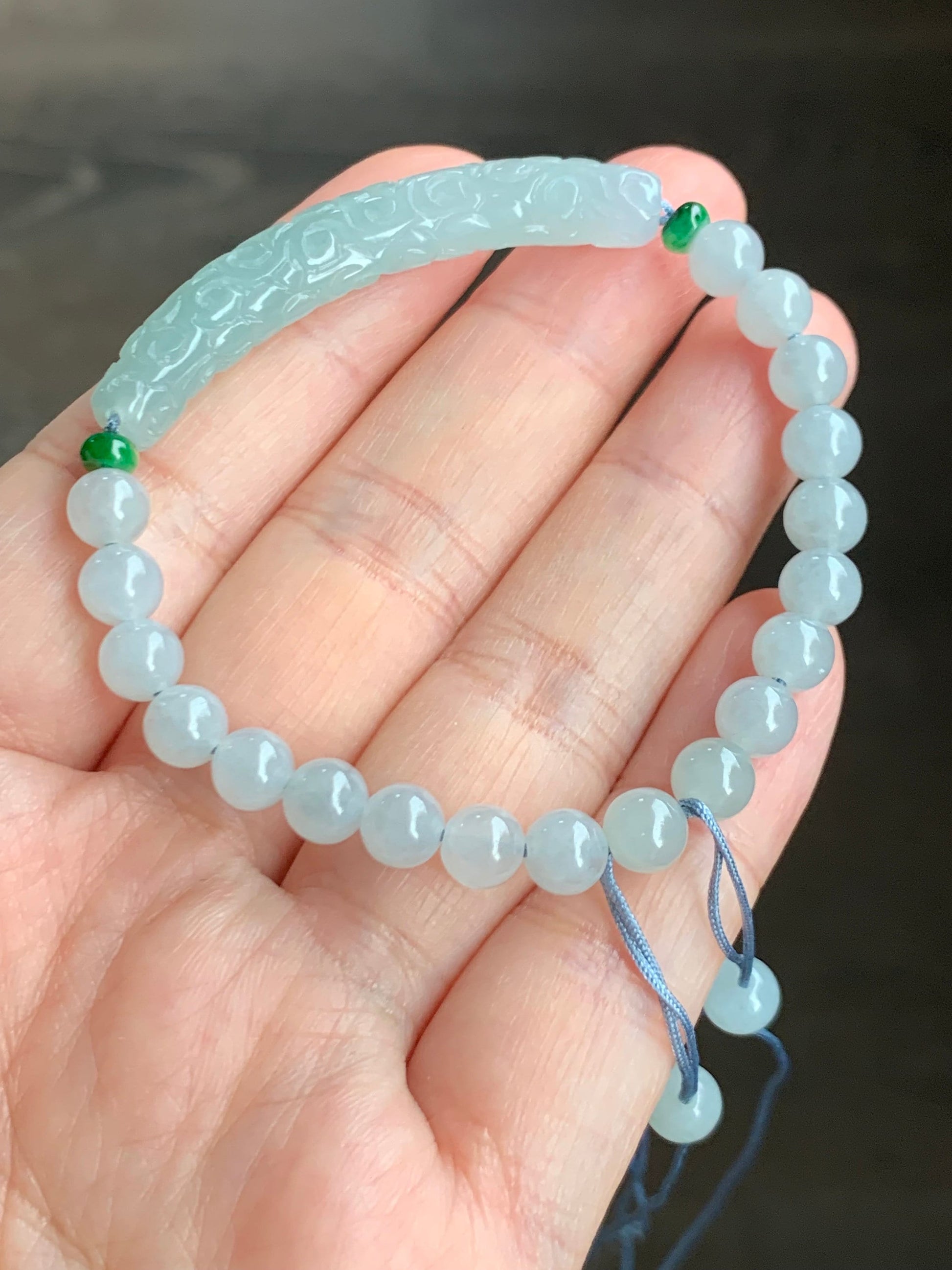 Natural Burmese Icy Translucent Light Blue Jadeite Engraved Slim Cuff Icy White Jadeite Beaded Bracelet 6" 12g 天然缅甸冰淡蓝翡翠仿古雕细手牌白冰翡翠圆珠手串