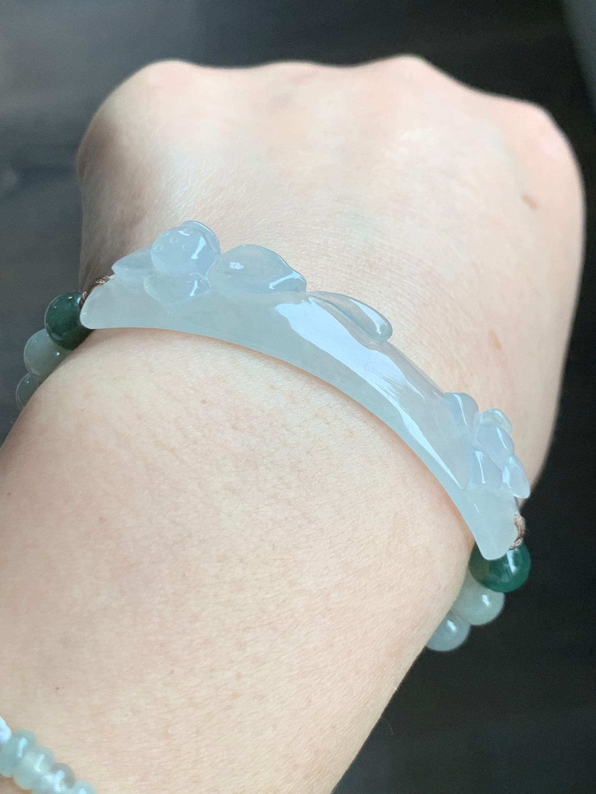 Natural Burmese Grade A Icy Highly Translucent Jadeite Lotus Flower Cuff Beige Jadeite Beads Beaded Bracelet 6” 16g 天然缅甸冰胶翡翠莲花手牌冰糖黄翡翠圆珠手串