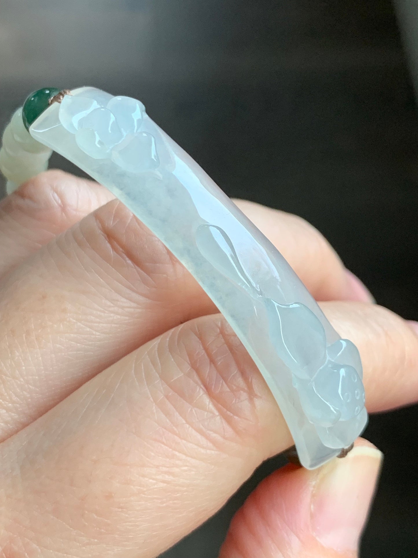 Natural Burmese Grade A Icy Highly Translucent Jadeite Lotus Flower Cuff Beige Jadeite Beads Beaded Bracelet 6” 16g 天然缅甸冰胶翡翠莲花手牌冰糖黄翡翠圆珠手串