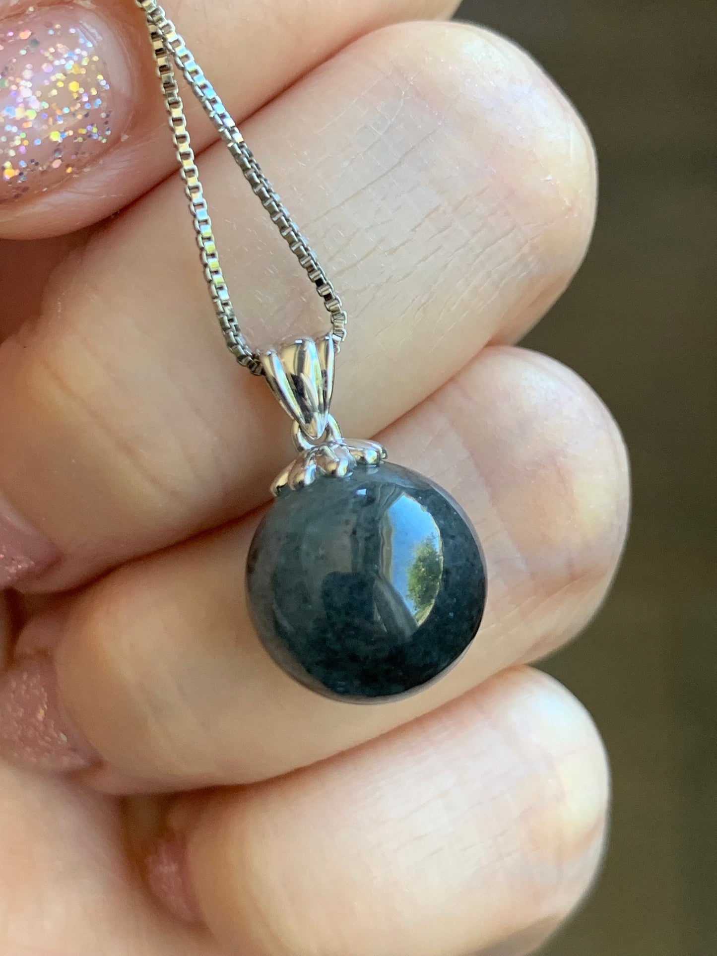 Certified Natural Burmese Grade A Icy Translucent Gelatinous Dark Wuji Jadeite Sphere Bead Pendant 18K White Gold Bail 天然缅甸冰胶翡翠单珠镶嵌吊坠 7048