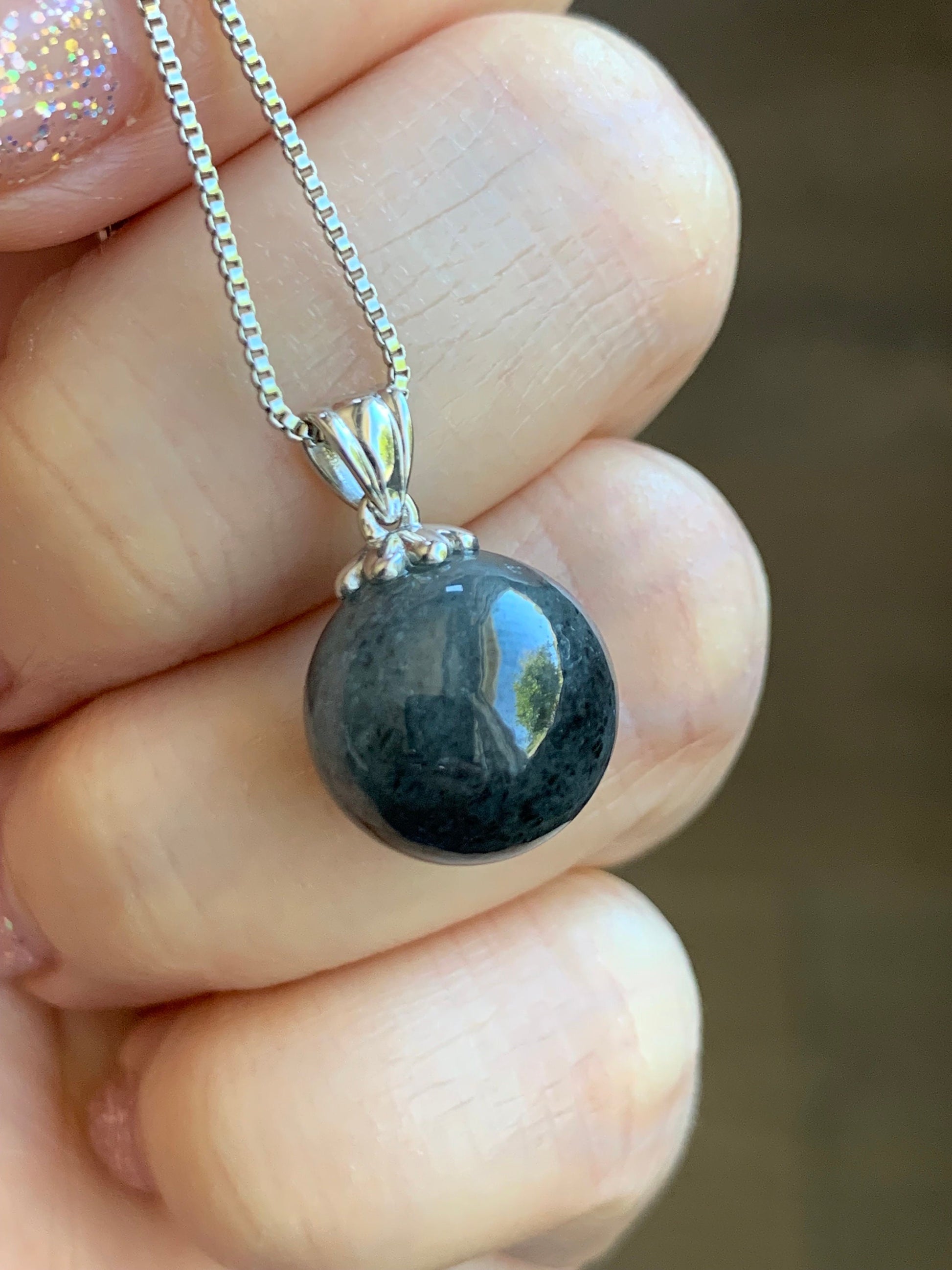 Certified Natural Burmese Grade A Icy Translucent Gelatinous Dark Wuji Jadeite Sphere Bead Pendant 18K White Gold Bail 天然缅甸冰胶翡翠单珠镶嵌吊坠 7048