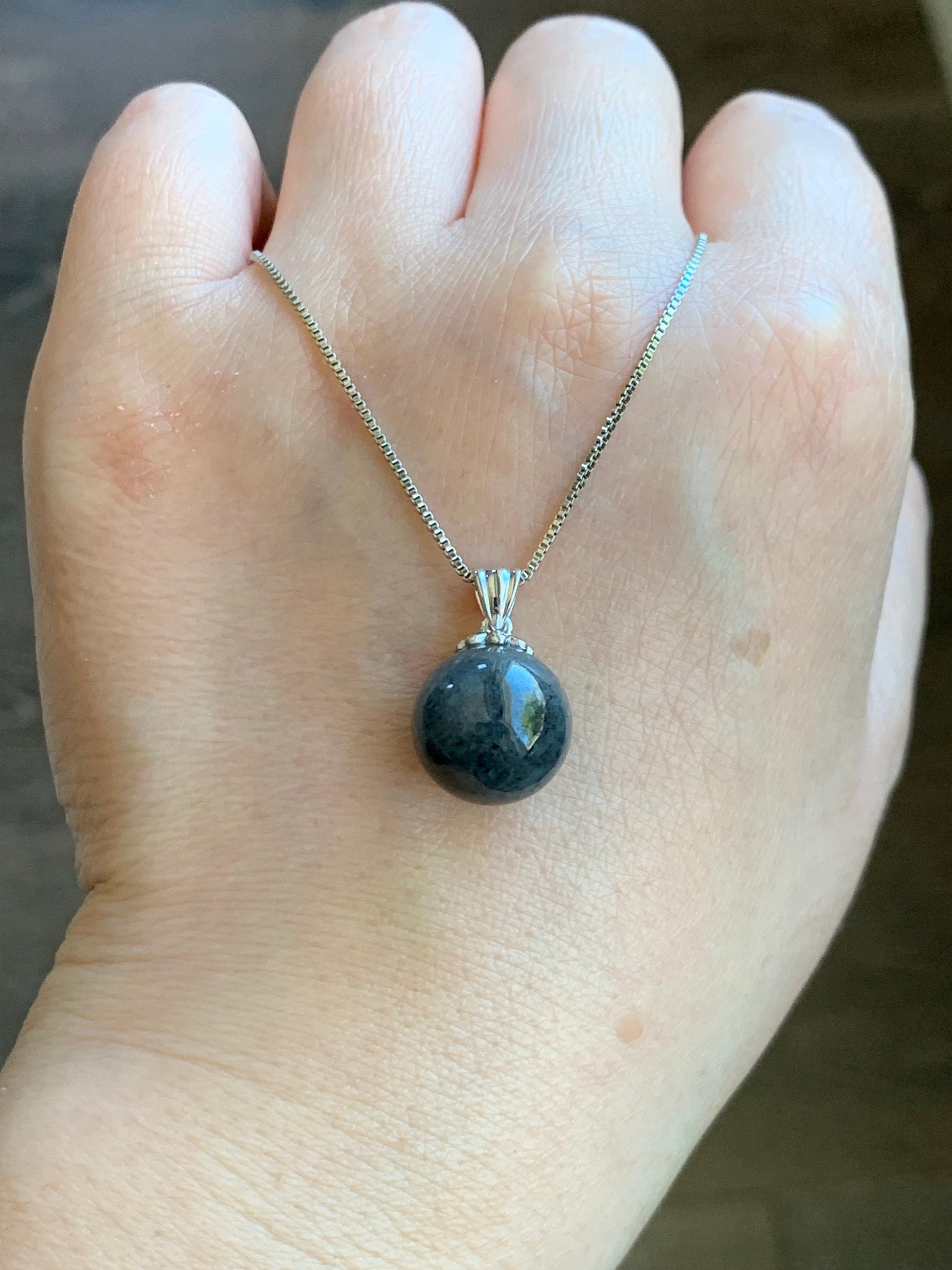 Certified Natural Burmese Grade A Icy Translucent Gelatinous Dark Wuji Jadeite Sphere Bead Pendant 18K White Gold Bail 天然缅甸冰胶翡翠单珠镶嵌吊坠 7048