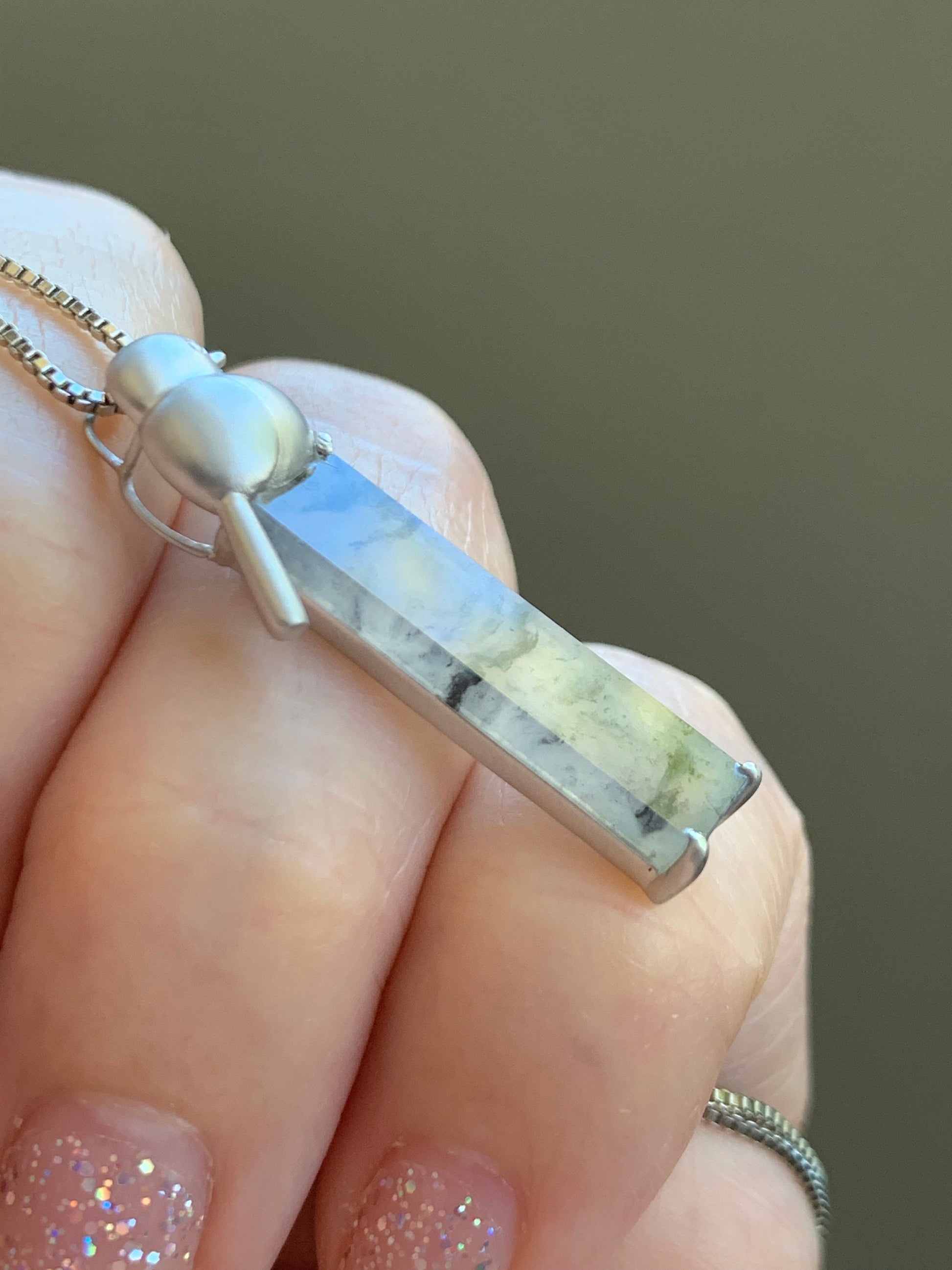 Certified Natural Burmese Icy Highly Translucent Wuji Jadeite Elongated Rectangle Pendant 18K White Gold Bird Design 天然缅甸老种冰乌鸡翡翠小鸟镶嵌吊坠 7069
