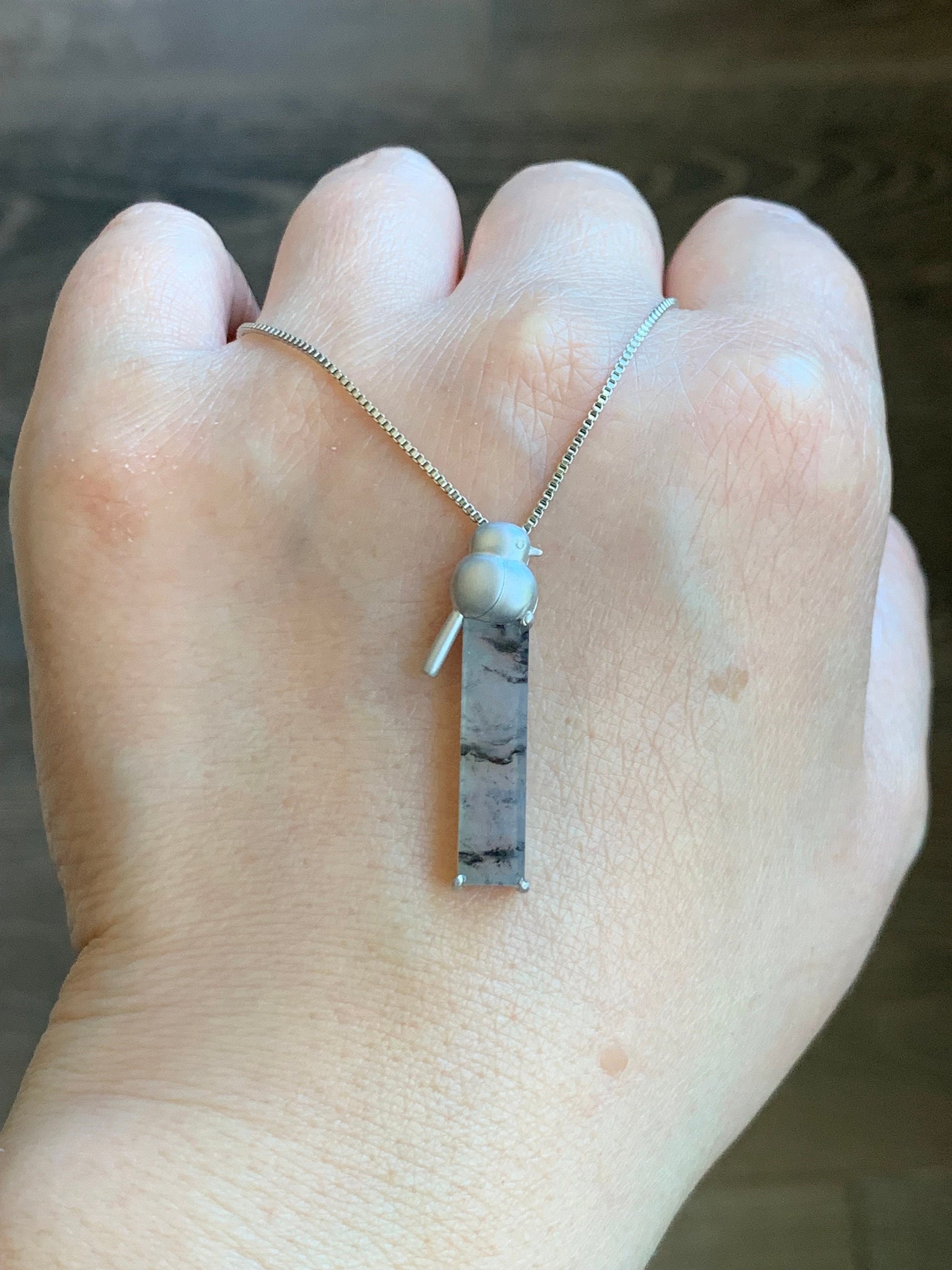 Certified Natural Burmese Icy Highly Translucent Wuji Jadeite Elongated Rectangle Pendant 18K White Gold Bird Design 天然缅甸老种冰乌鸡翡翠小鸟镶嵌吊坠 7069