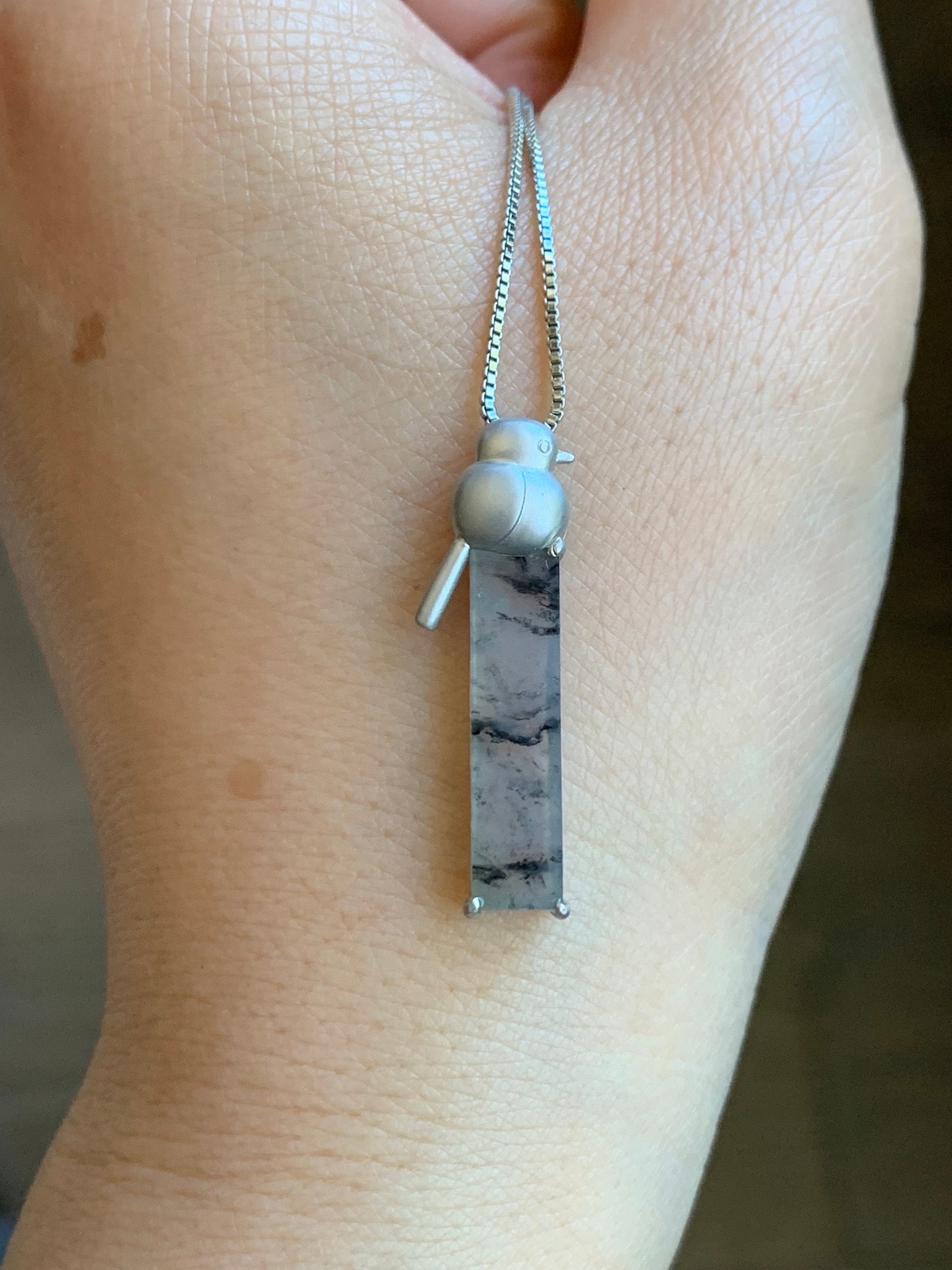 Certified Natural Burmese Icy Highly Translucent Wuji Jadeite Elongated Rectangle Pendant 18K White Gold Bird Design 天然缅甸老种冰乌鸡翡翠小鸟镶嵌吊坠 7069
