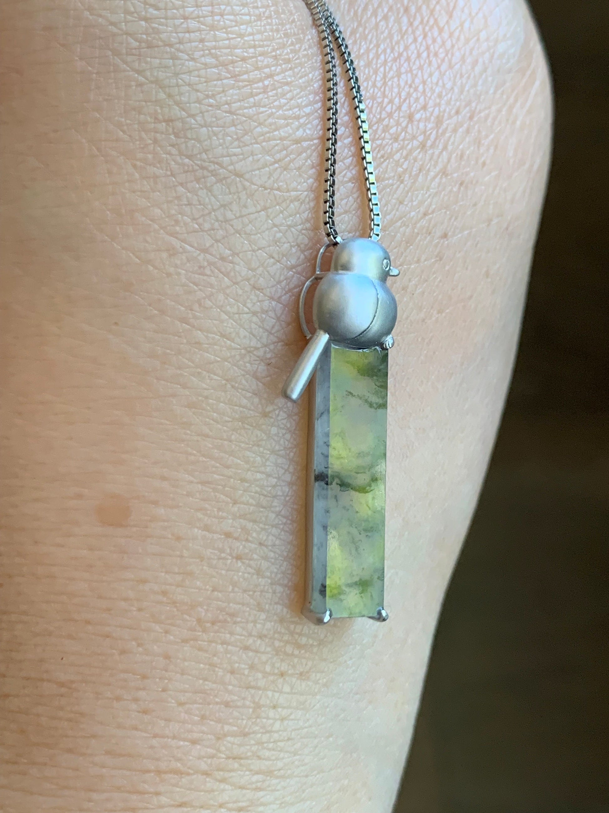 Certified Natural Burmese Icy Highly Translucent Wuji Jadeite Elongated Rectangle Pendant 18K White Gold Bird Design 天然缅甸老种冰乌鸡翡翠小鸟镶嵌吊坠 7069