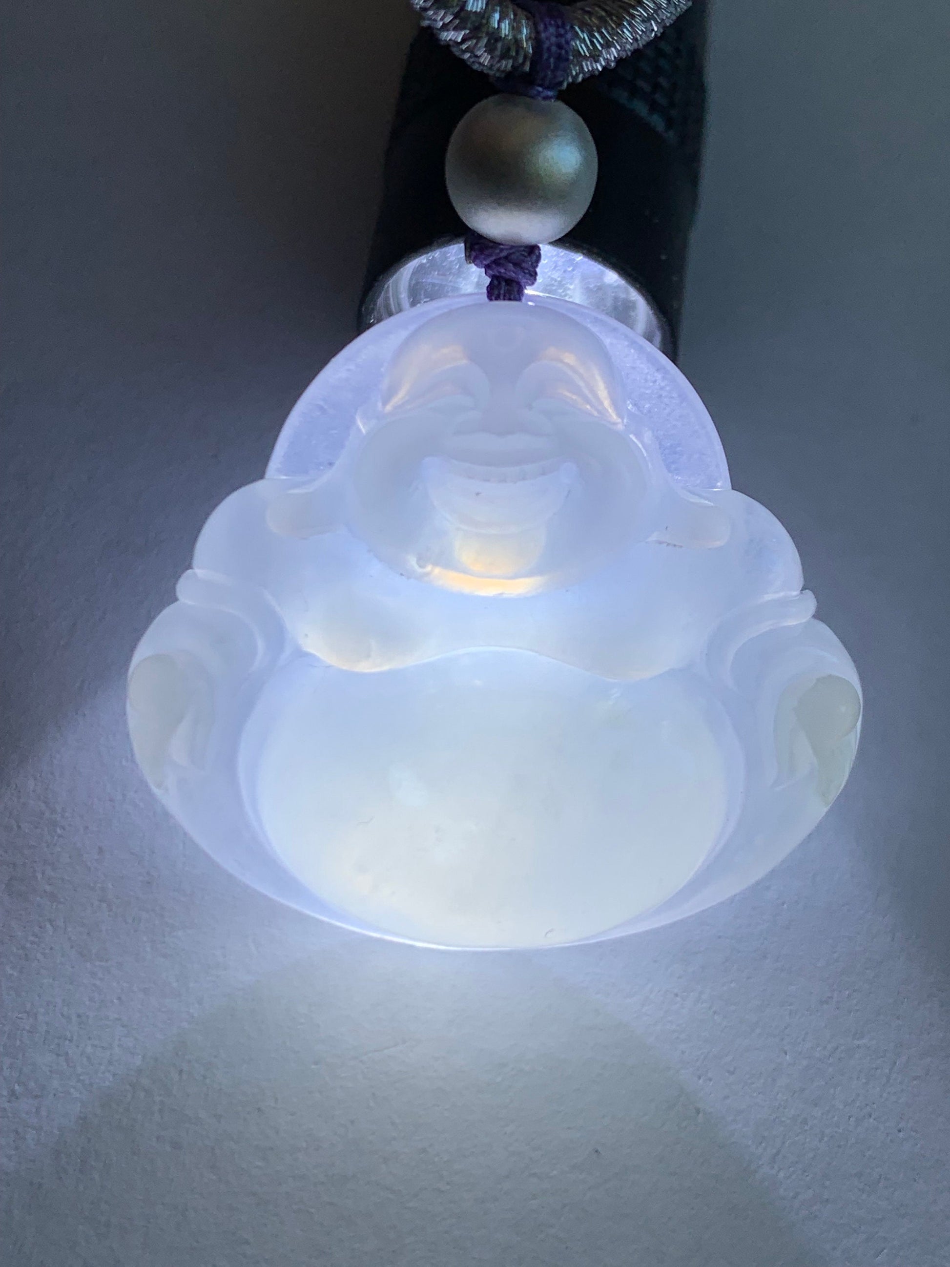 Certified Natural Burmese Icy Translucent Pale Purple Jadeite Buddha Pendant Rope Necklace Sterling Silver 23” 天然缅甸冰淡紫底翡翠佛公吊坠 7076