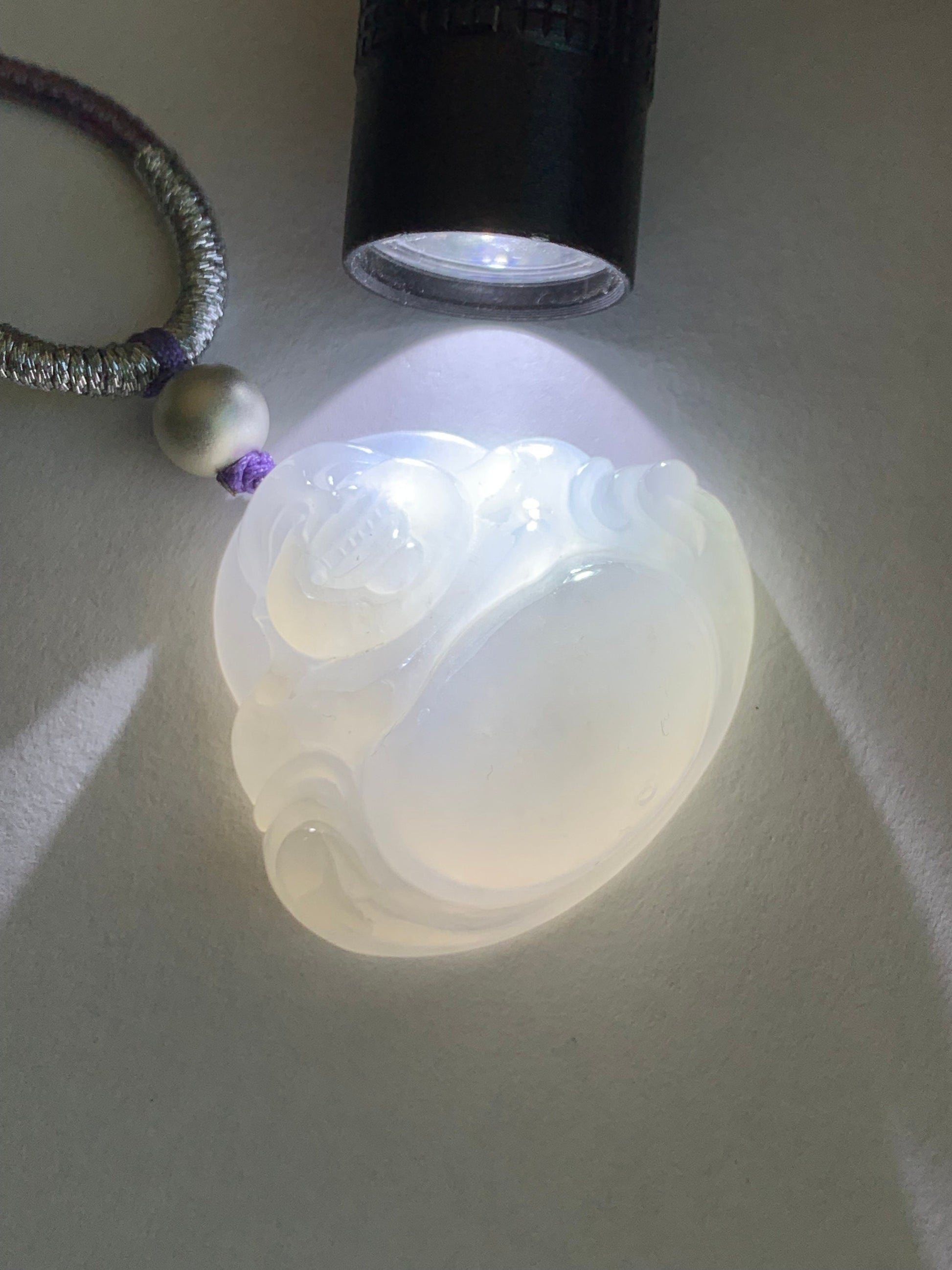 Certified Natural Burmese Icy Translucent Pale Purple Jadeite Buddha Pendant Rope Necklace Sterling Silver 23” 天然缅甸冰淡紫底翡翠佛公吊坠 7076