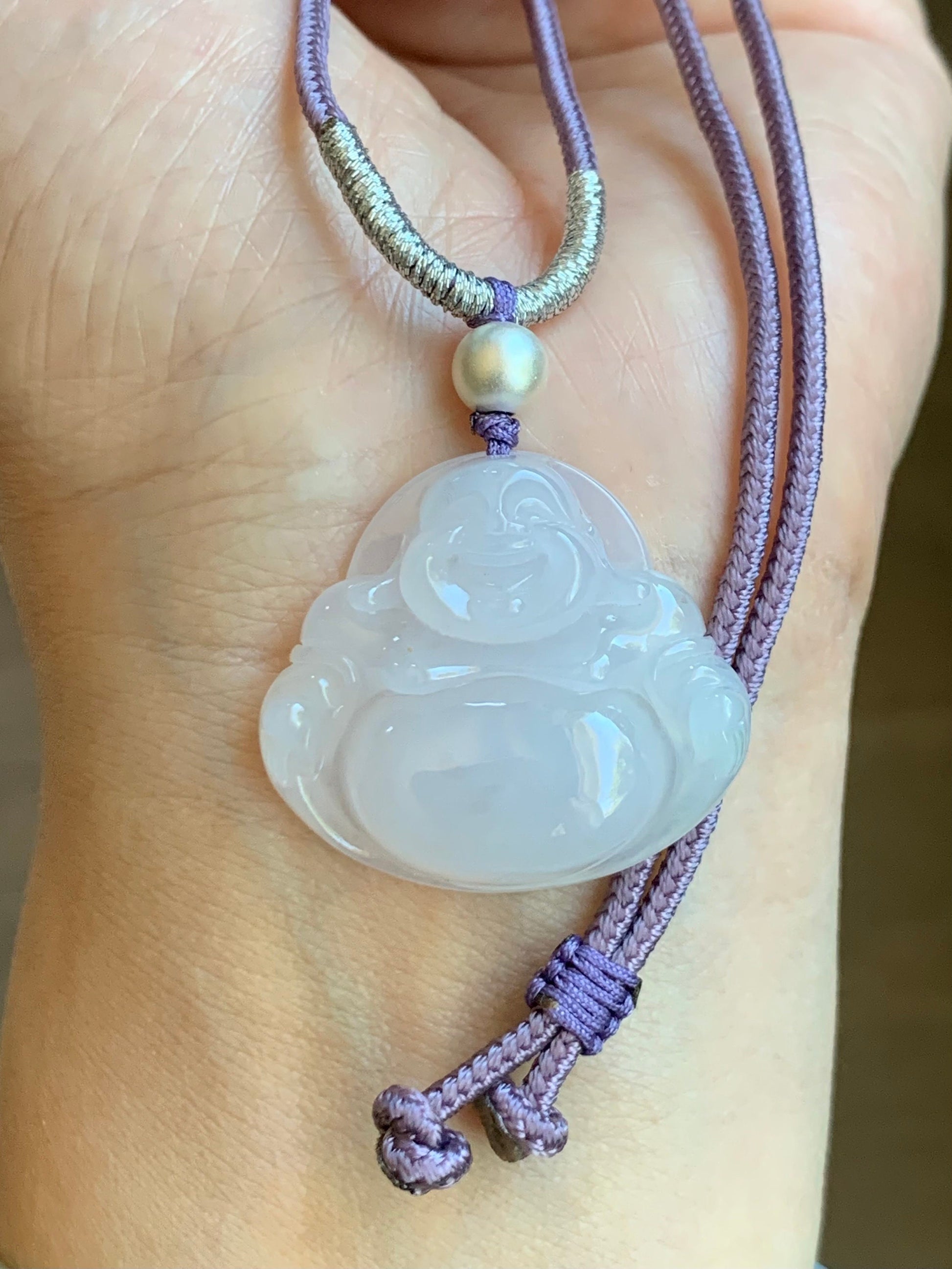 Certified Natural Burmese Icy Translucent Pale Purple Jadeite Buddha Pendant Rope Necklace Sterling Silver 23” 天然缅甸冰淡紫底翡翠佛公吊坠 7076